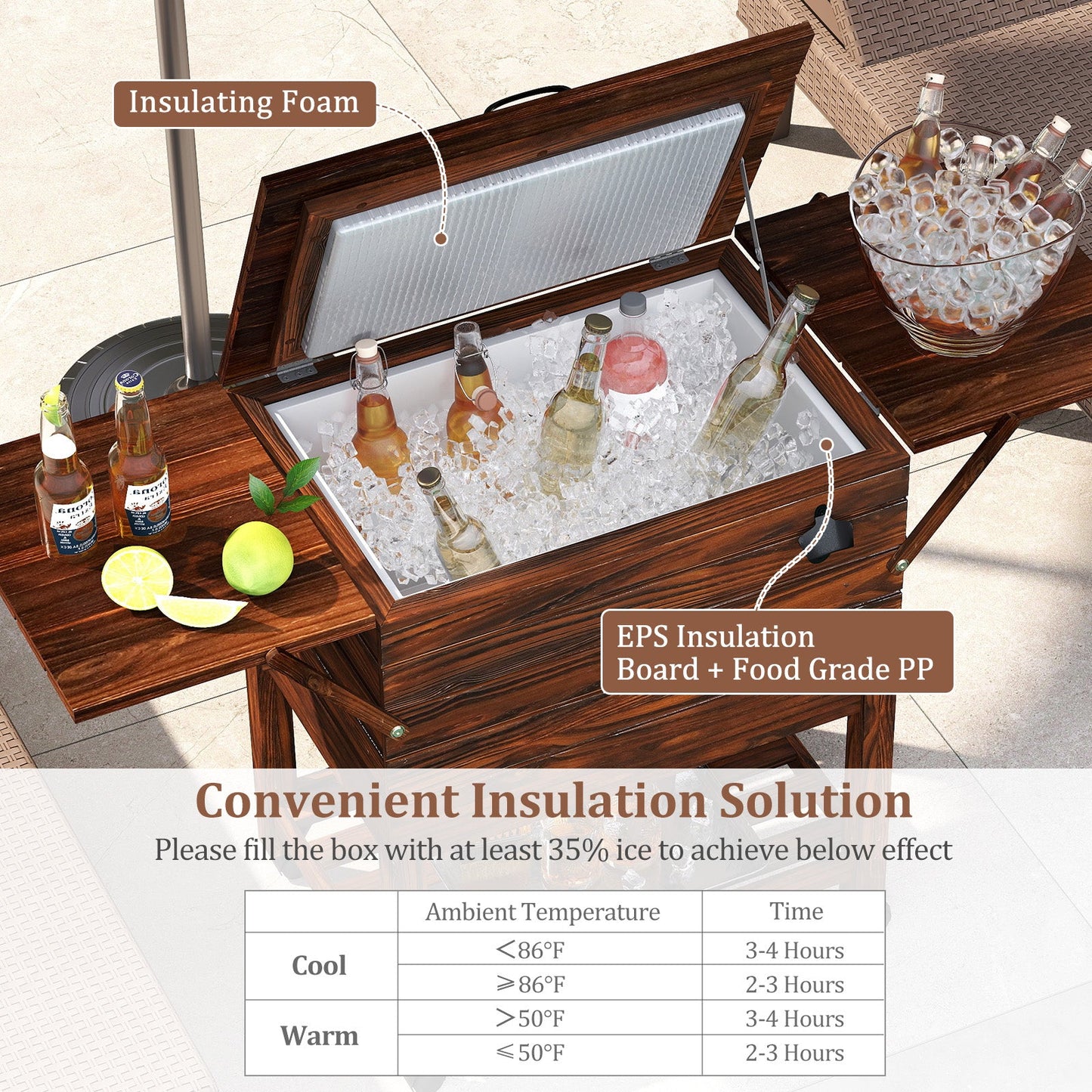 54 Quart Wooden Cooler Cart for Patio