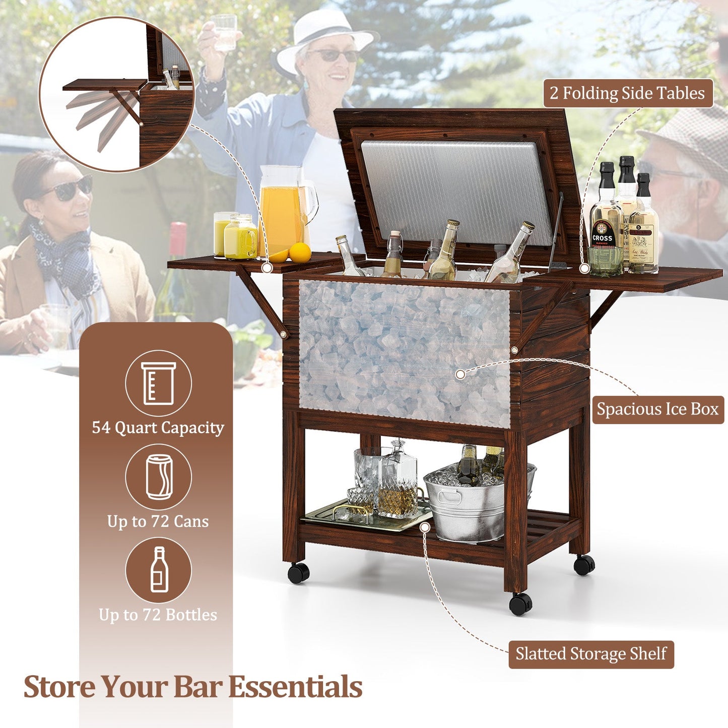 54 Quart Wooden Cooler Cart for Patio