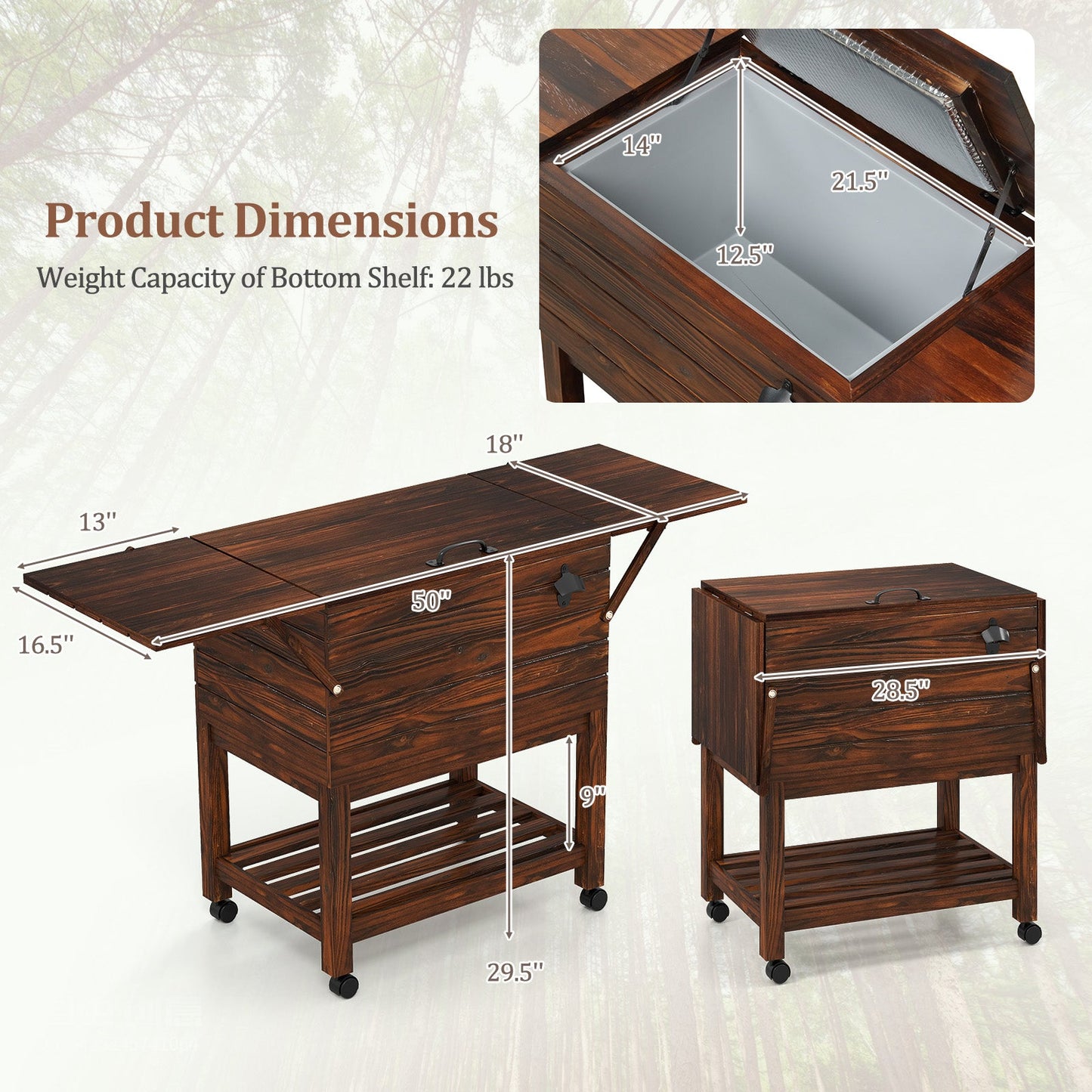 54 Quart Wooden Cooler Cart for Patio