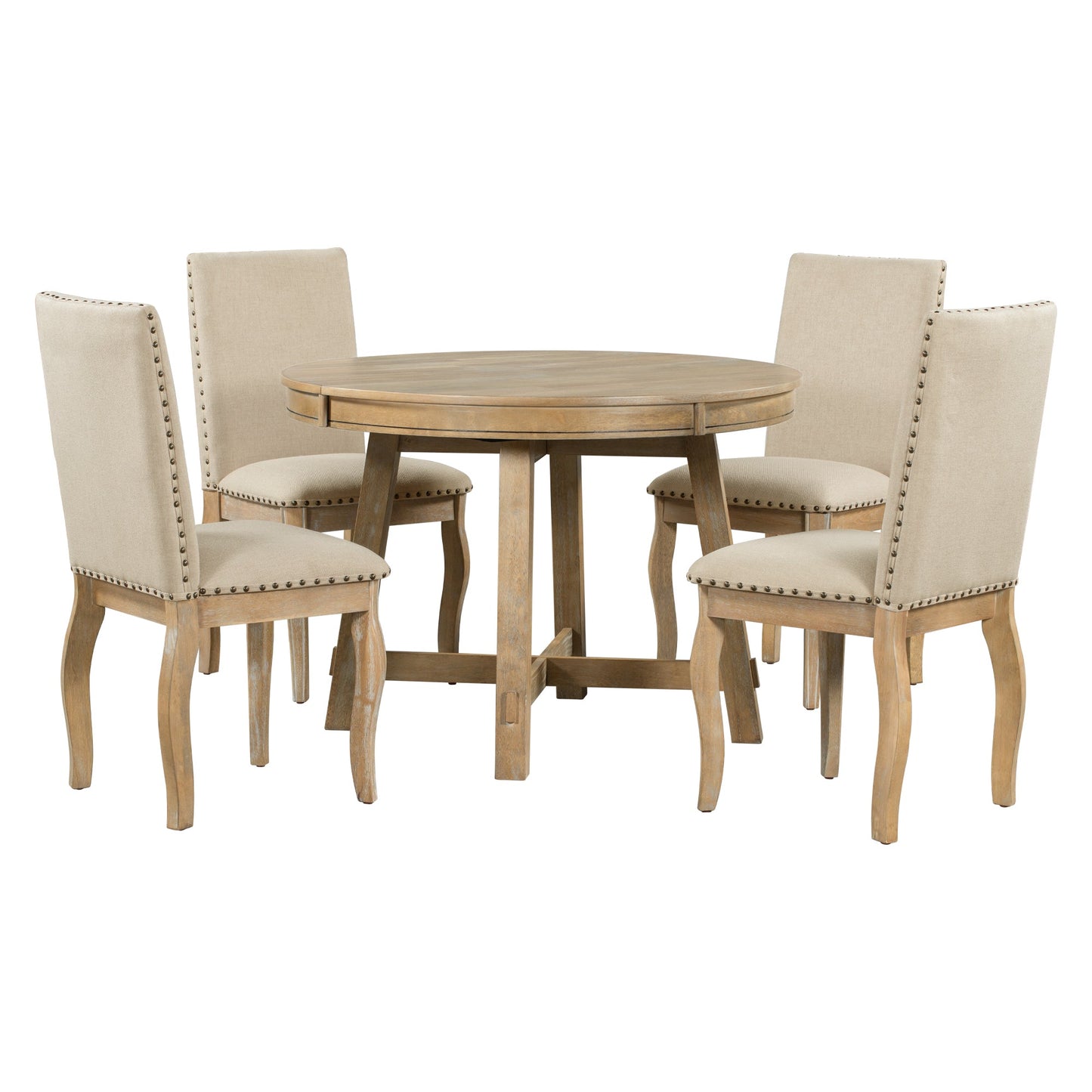 TREXM 5-Piece Farmhouse Dining Table Set Wood Round Extendable Dining Table