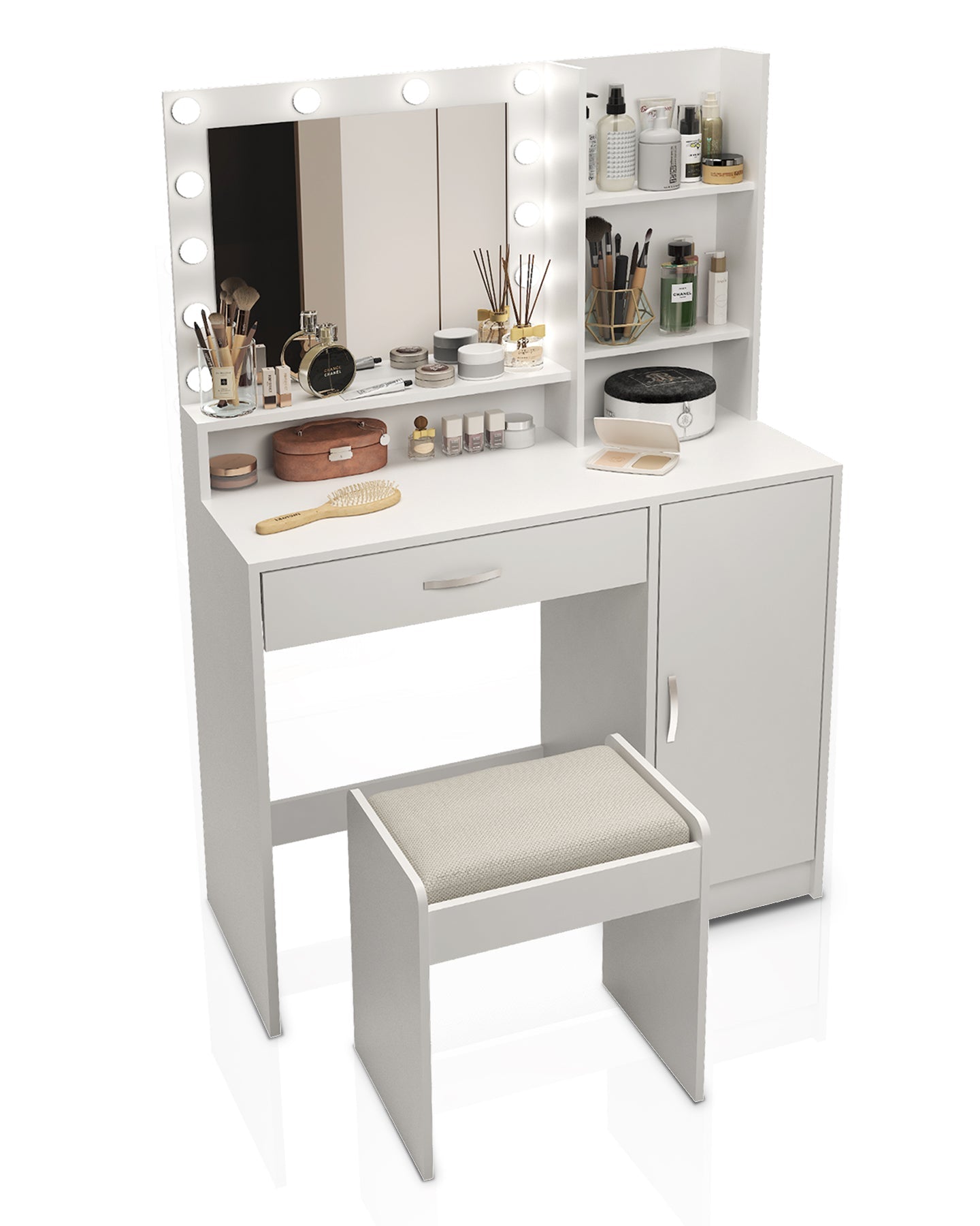 Large drawer with mirror and light, three-layer storage vanity, adjustable brightness