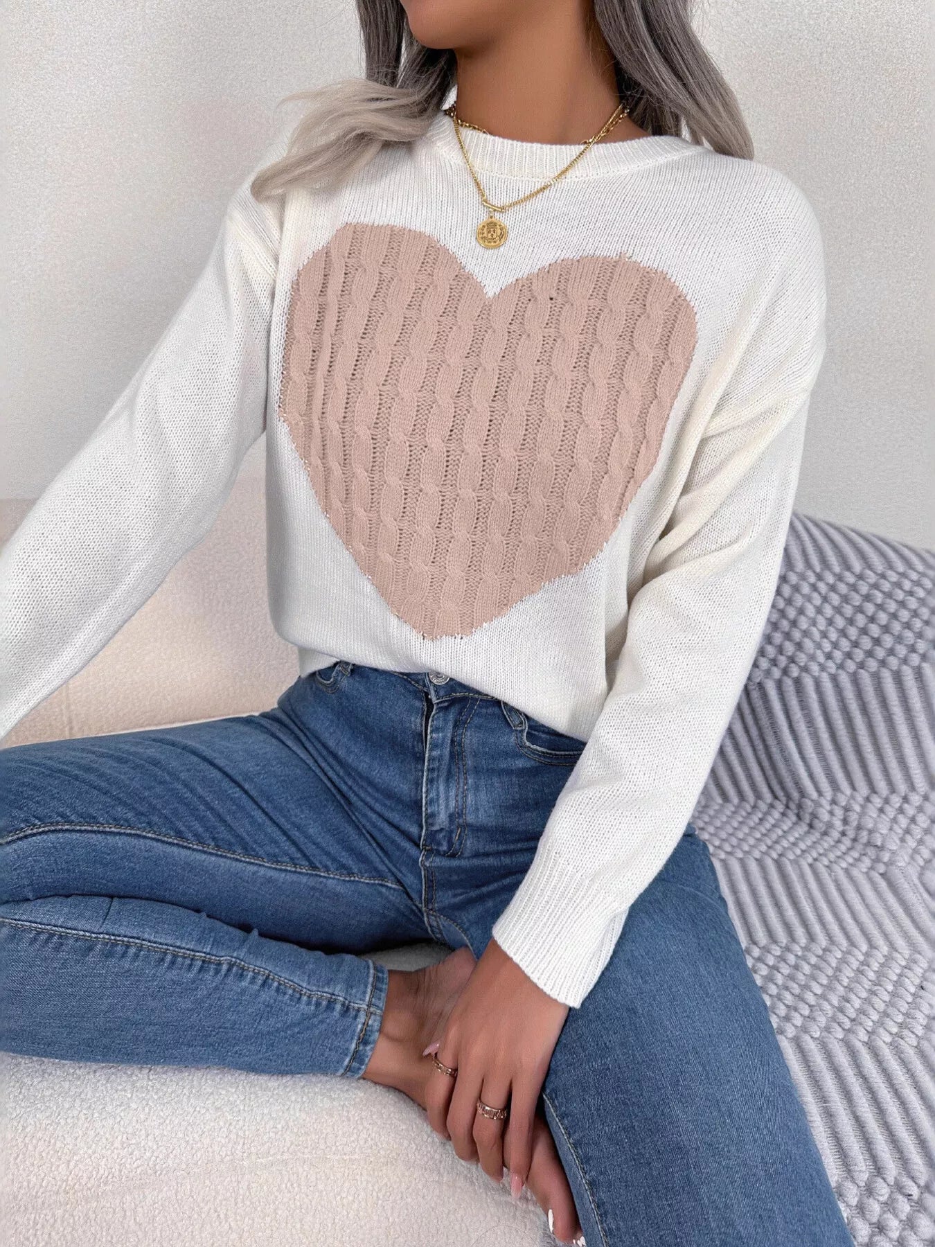 Cable Knit Heart Round Neck Sweater