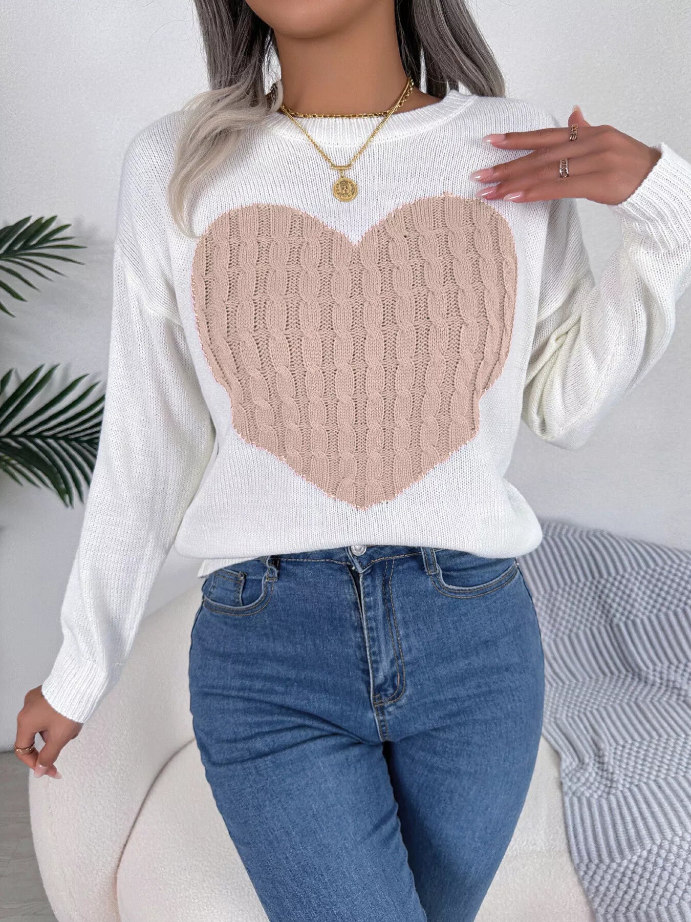 Cable Knit Heart Round Neck Sweater