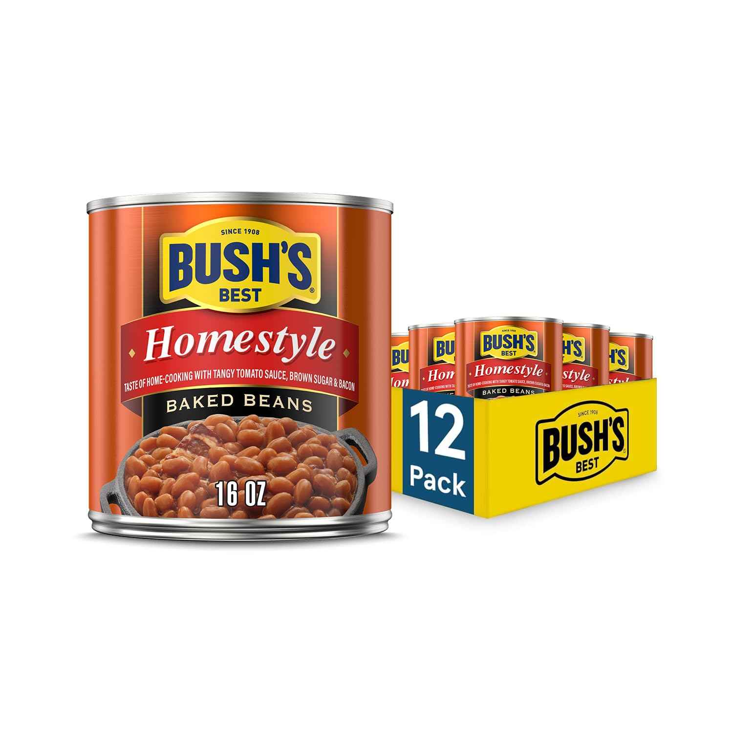 BUSH'S BEST 16 oz Canned Original Baked Beans, Source of Plant Based Protein and Fiber, Low Fat, Gluten Free, (Pack of 12)