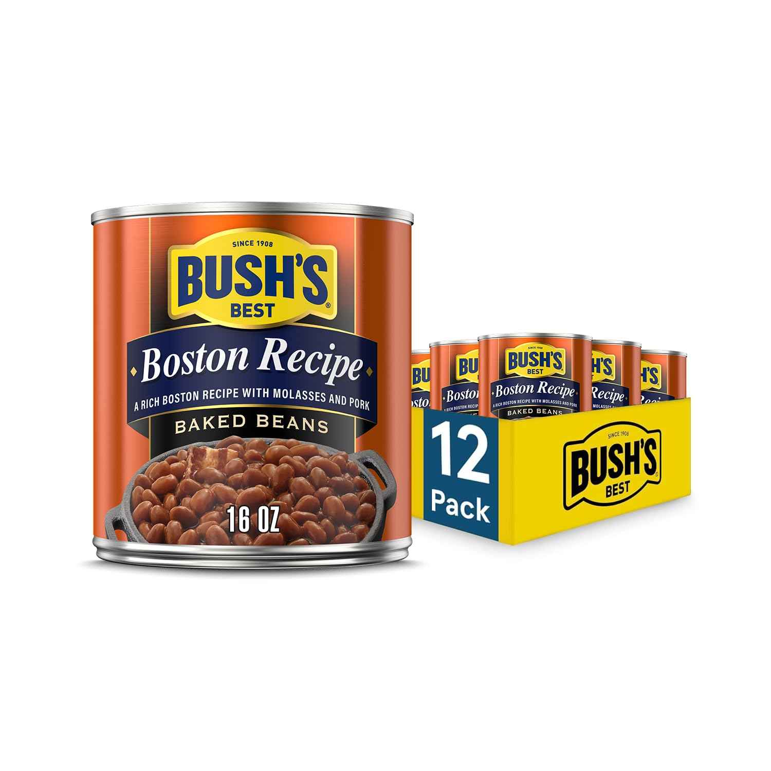 BUSH'S BEST 16 oz Canned Original Baked Beans, Source of Plant Based Protein and Fiber, Low Fat, Gluten Free, (Pack of 12)