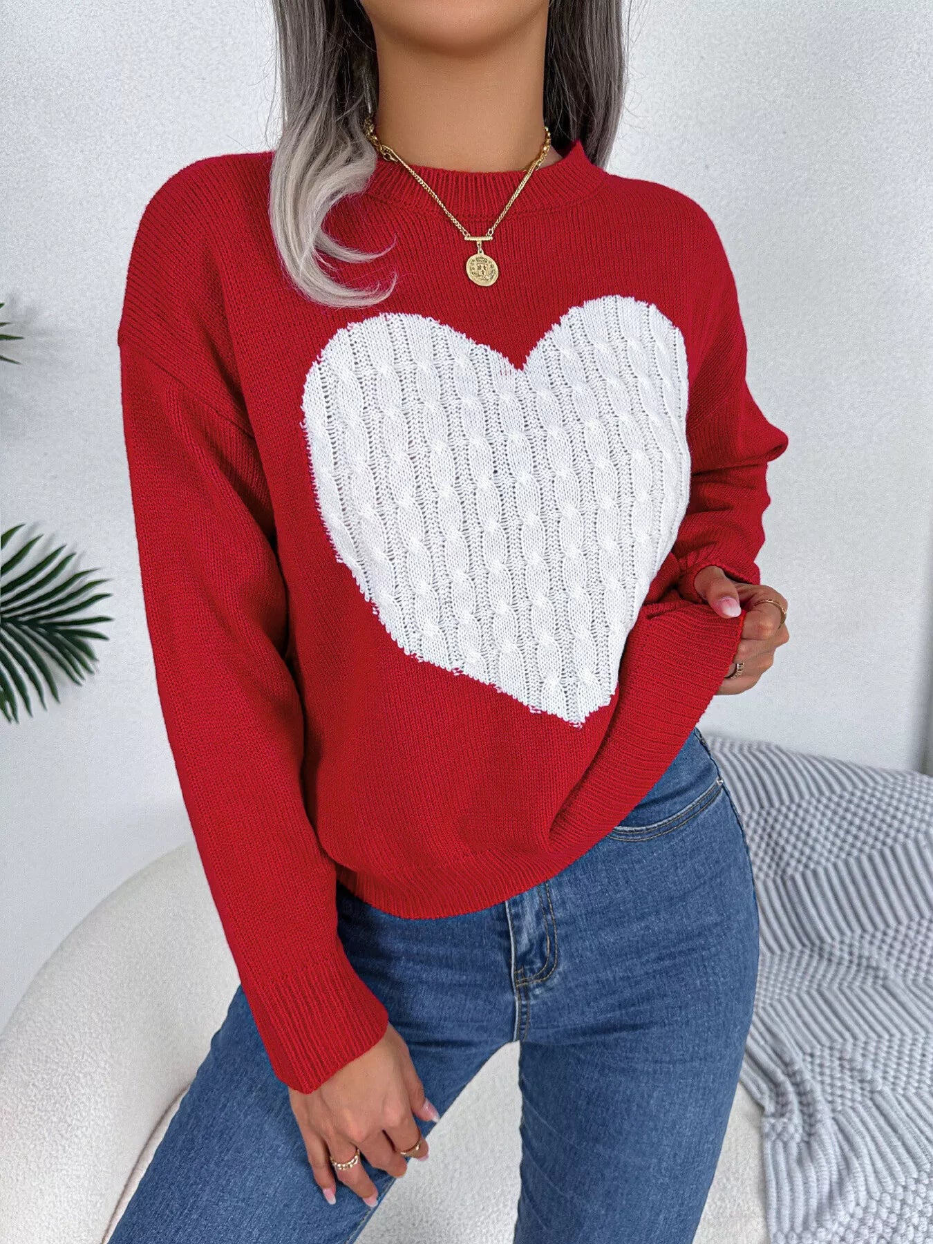 Cable Knit Heart Round Neck Sweater