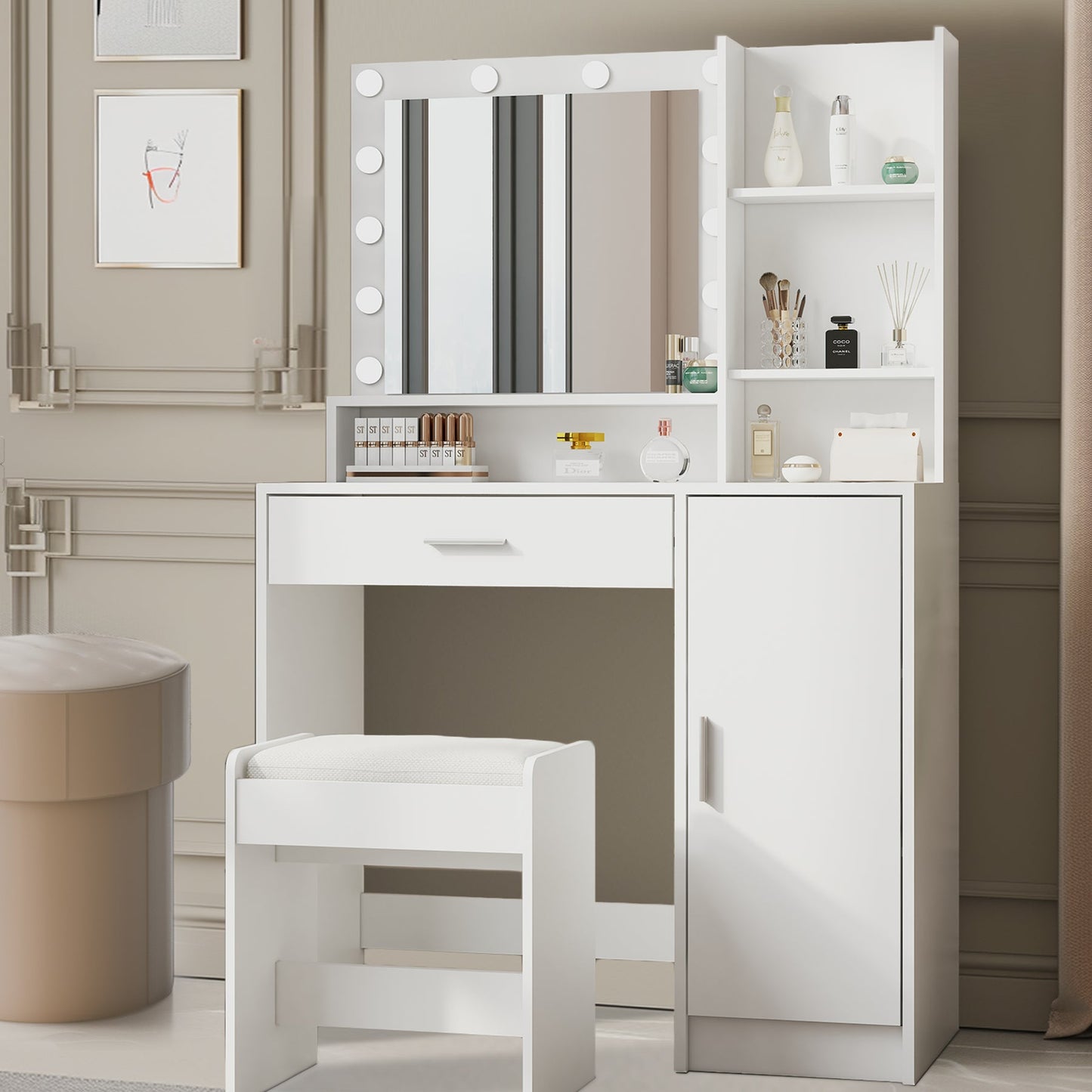 Large drawer with mirror and light, three-layer storage vanity, adjustable brightness