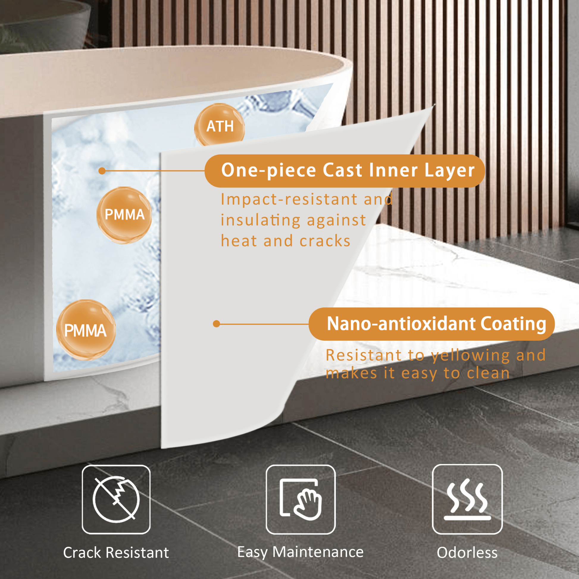 65" Luxury Freestanding Soaking Bathtub with Overflow