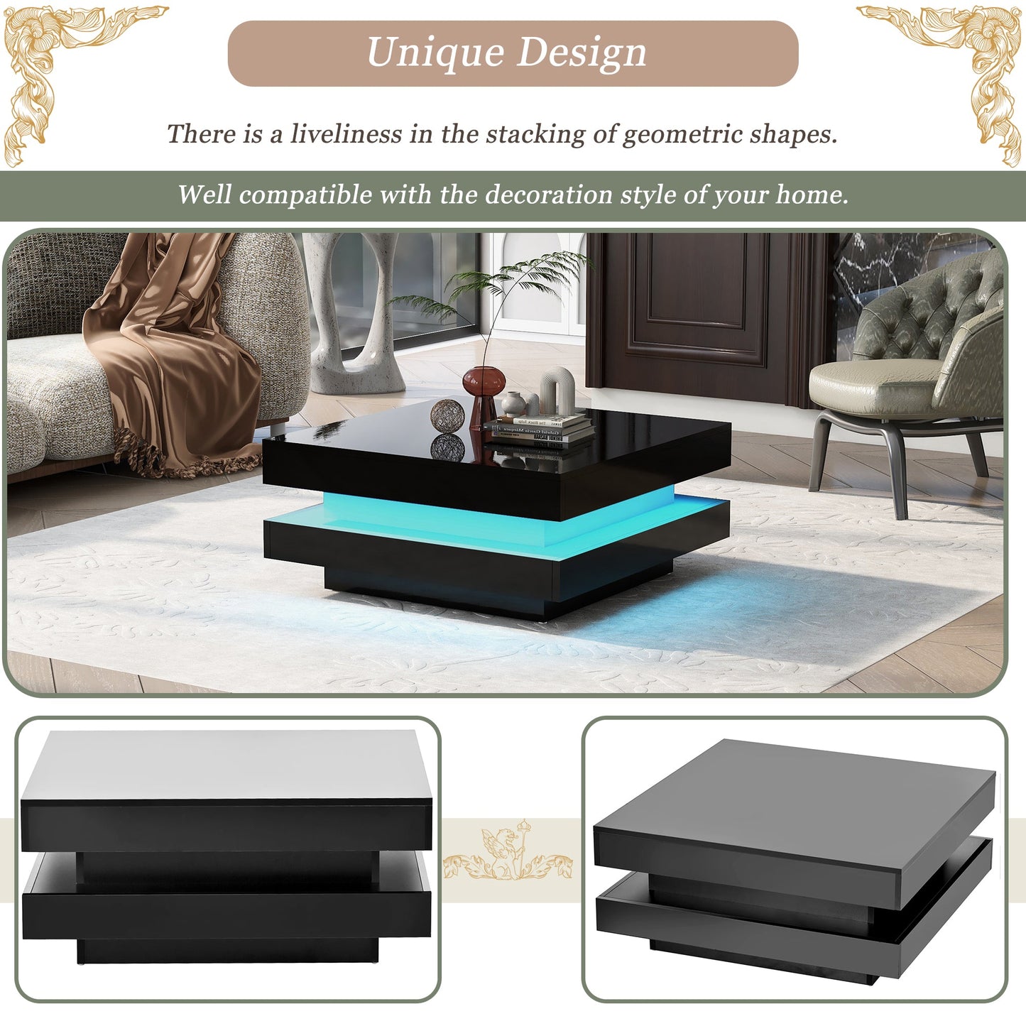 ON-TREND High Gloss Minimalist Design with LED Lights 2-Tier Square Coffee Table Black