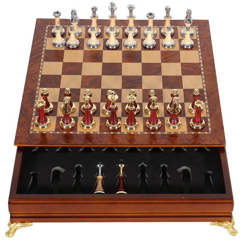 Luxury metal+solid wood tabletop for easy storage Chess set