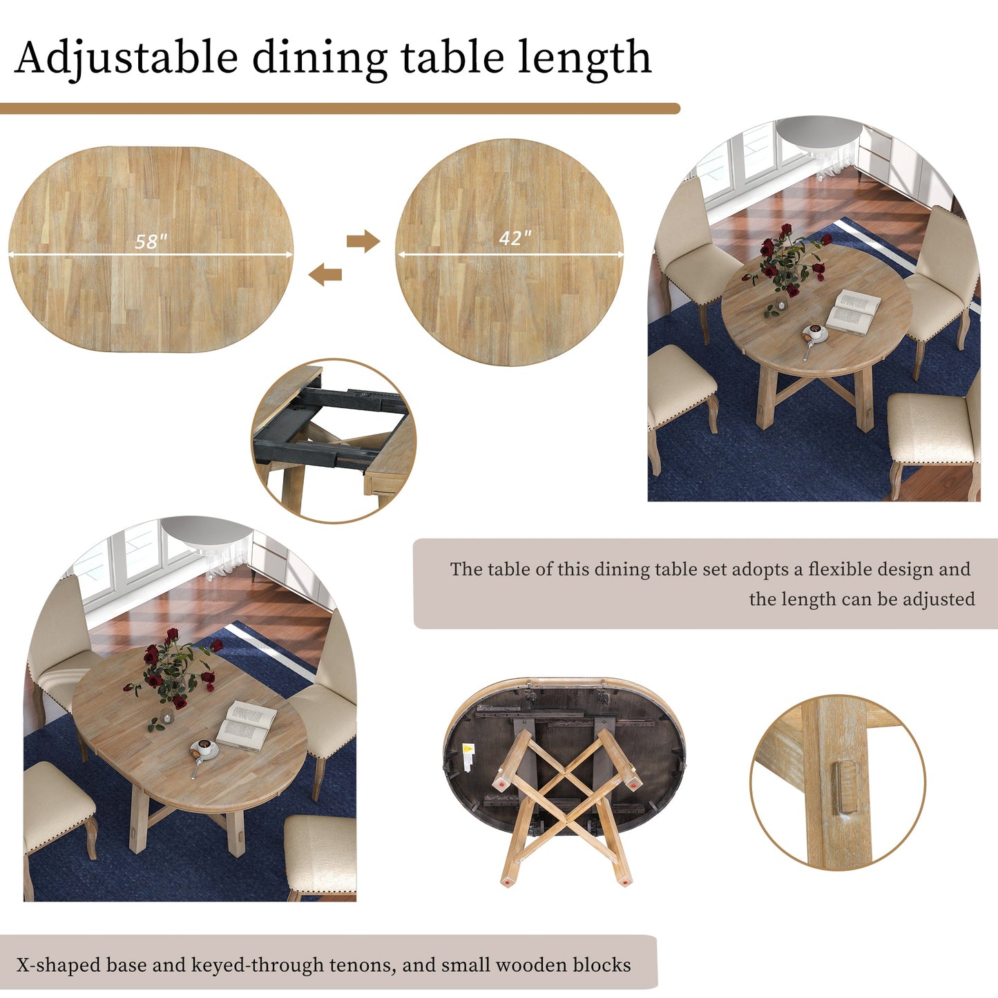 TREXM 5-Piece Farmhouse Dining Table Set Wood Round Extendable Dining Table