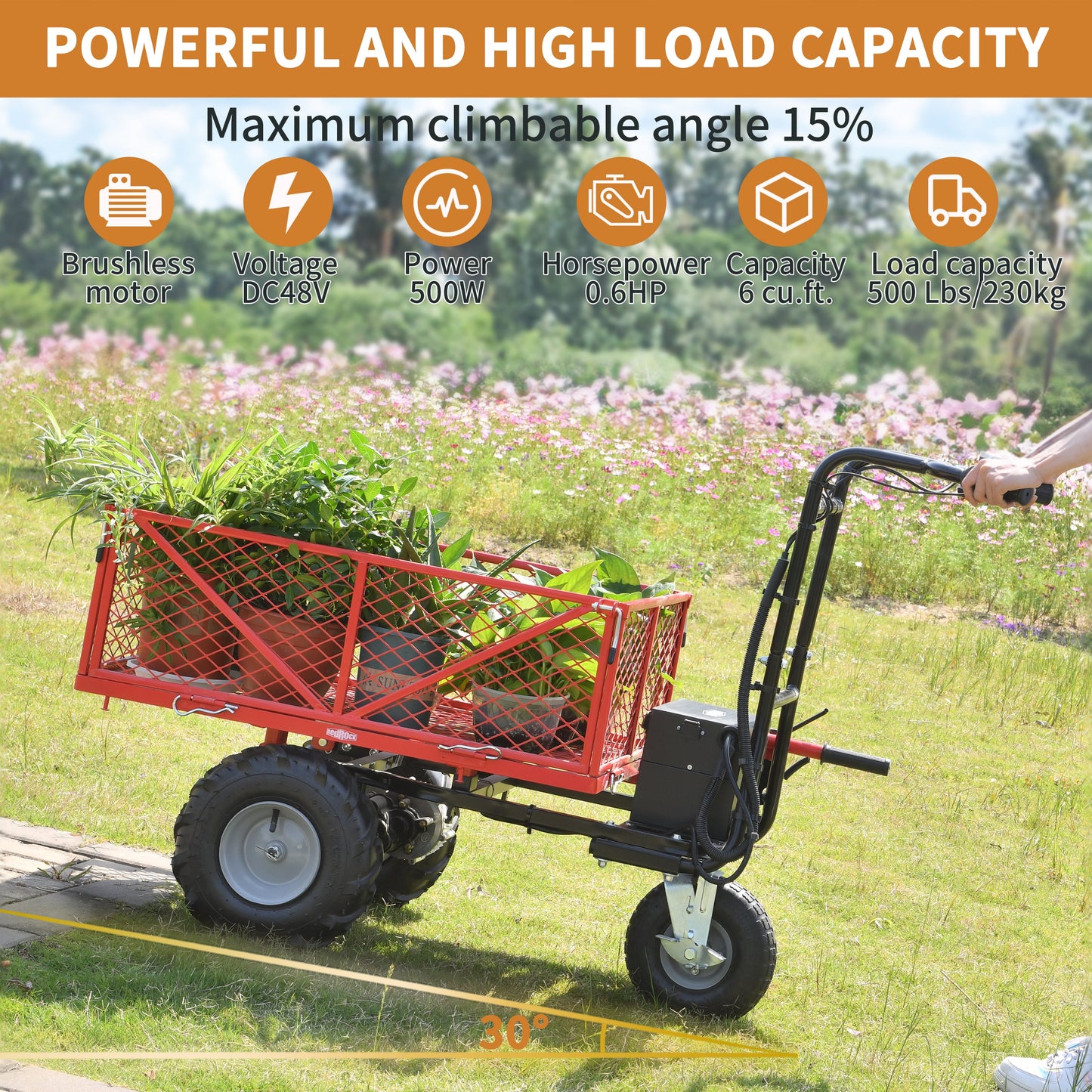Wheelbarrow Utility Cart Electric Powered Cart 48V28Ah 500W Capacity 500lbs