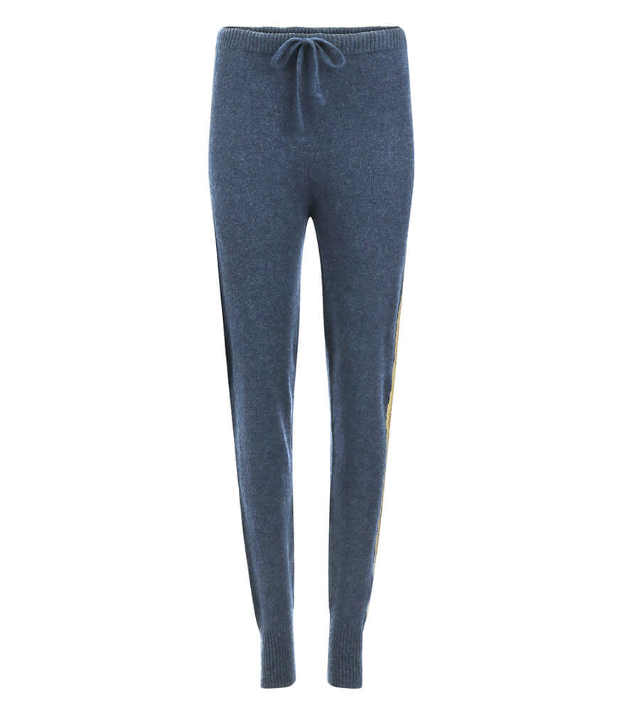 Denim Cashmere Sweatpants W/ Gold Laminated Bands