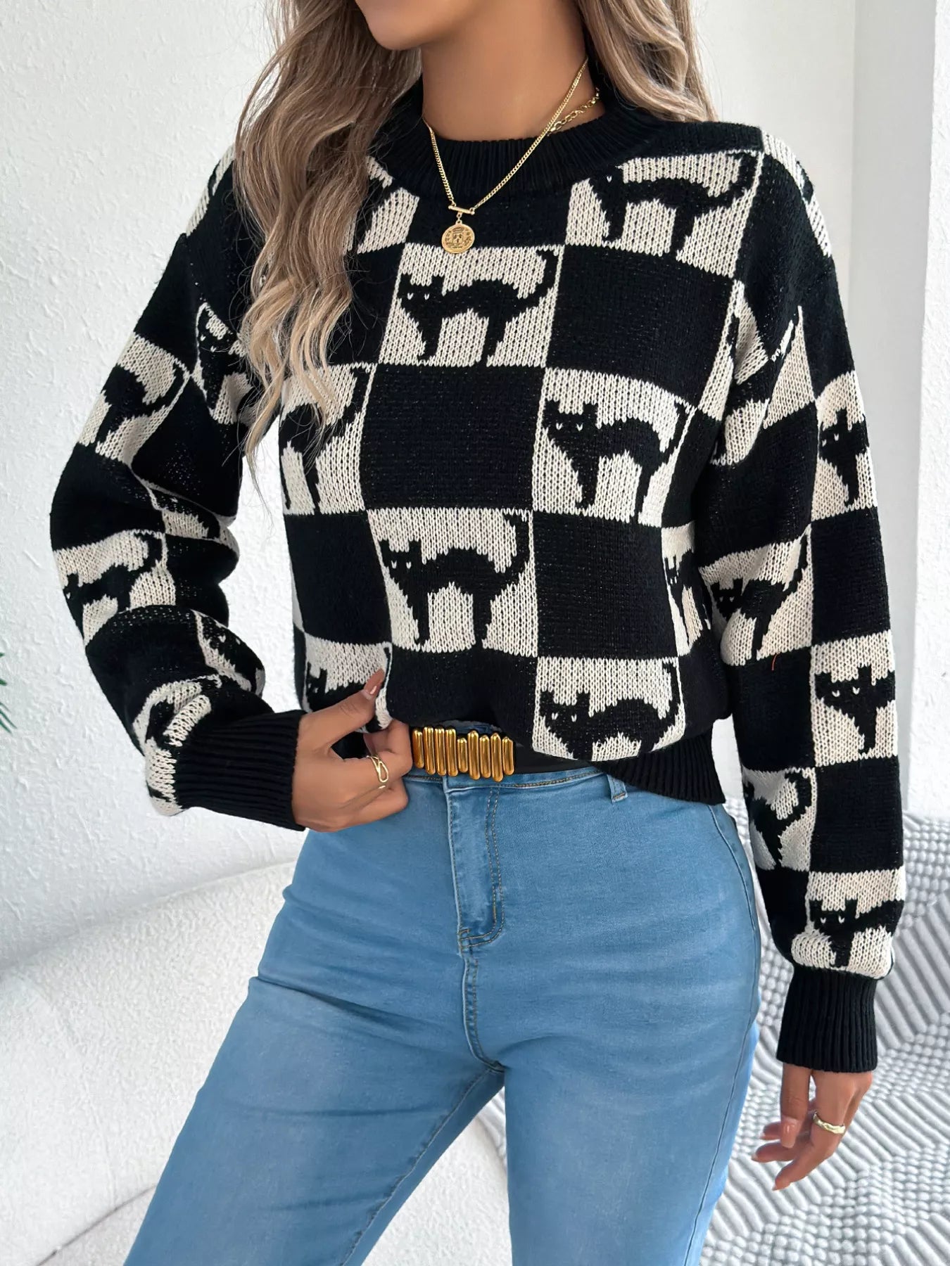 Cozy Cat Checkerboard Pattern Sweater