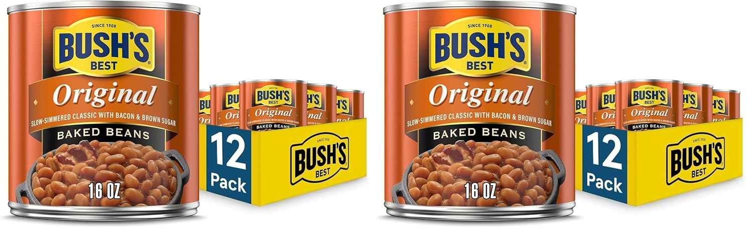 BUSH'S BEST 16 oz Canned Original Baked Beans, Source of Plant Based Protein and Fiber, Low Fat, Gluten Free, (Pack of 12)