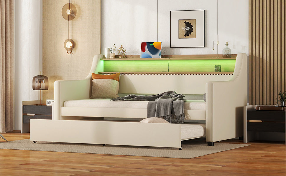 Twin Size Daybed with Trundle, Upholstered Daybed with Charging Station