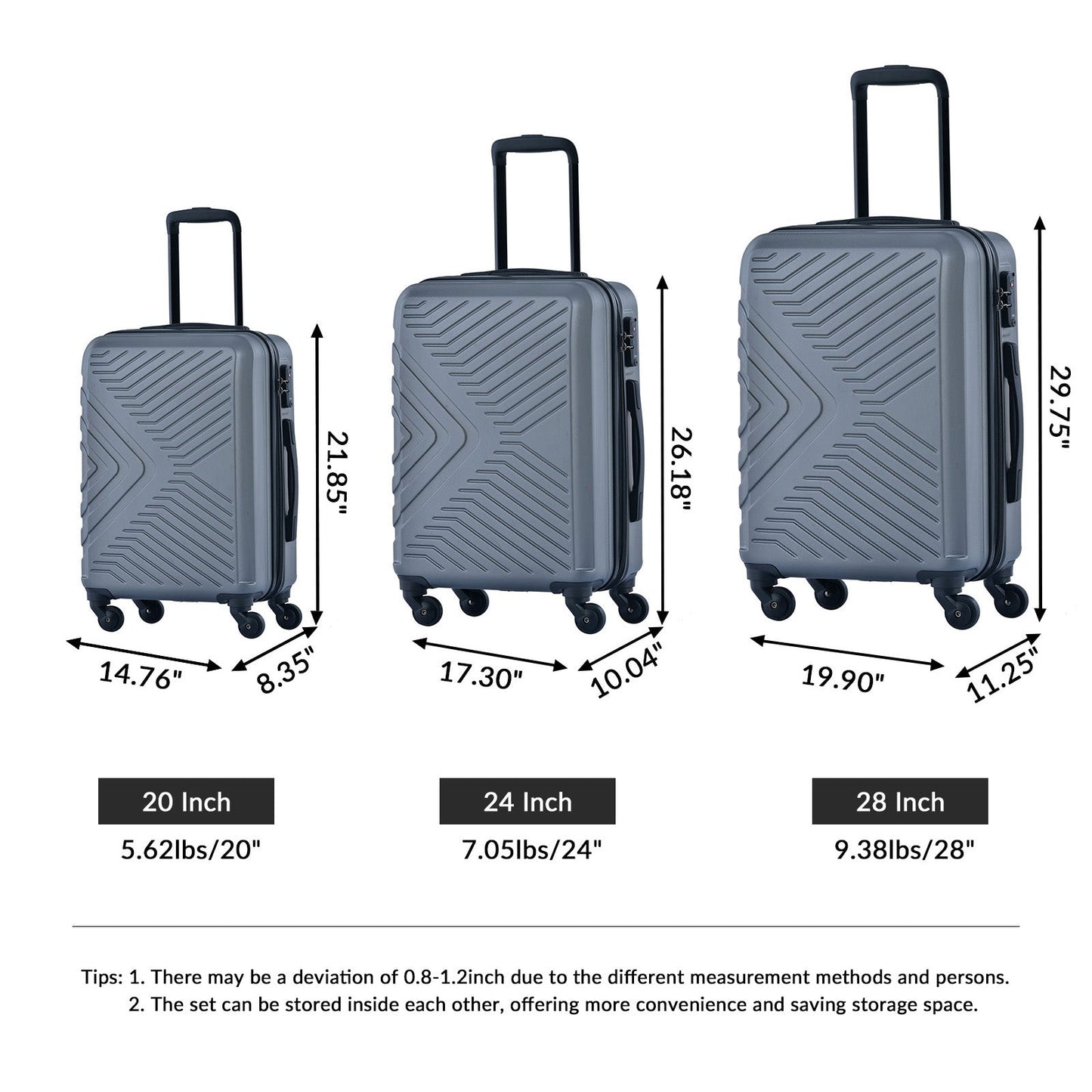 3 Piece Luggage Sets ABS Lightweight Suitcase with Two Hooks, Spinner Wheels