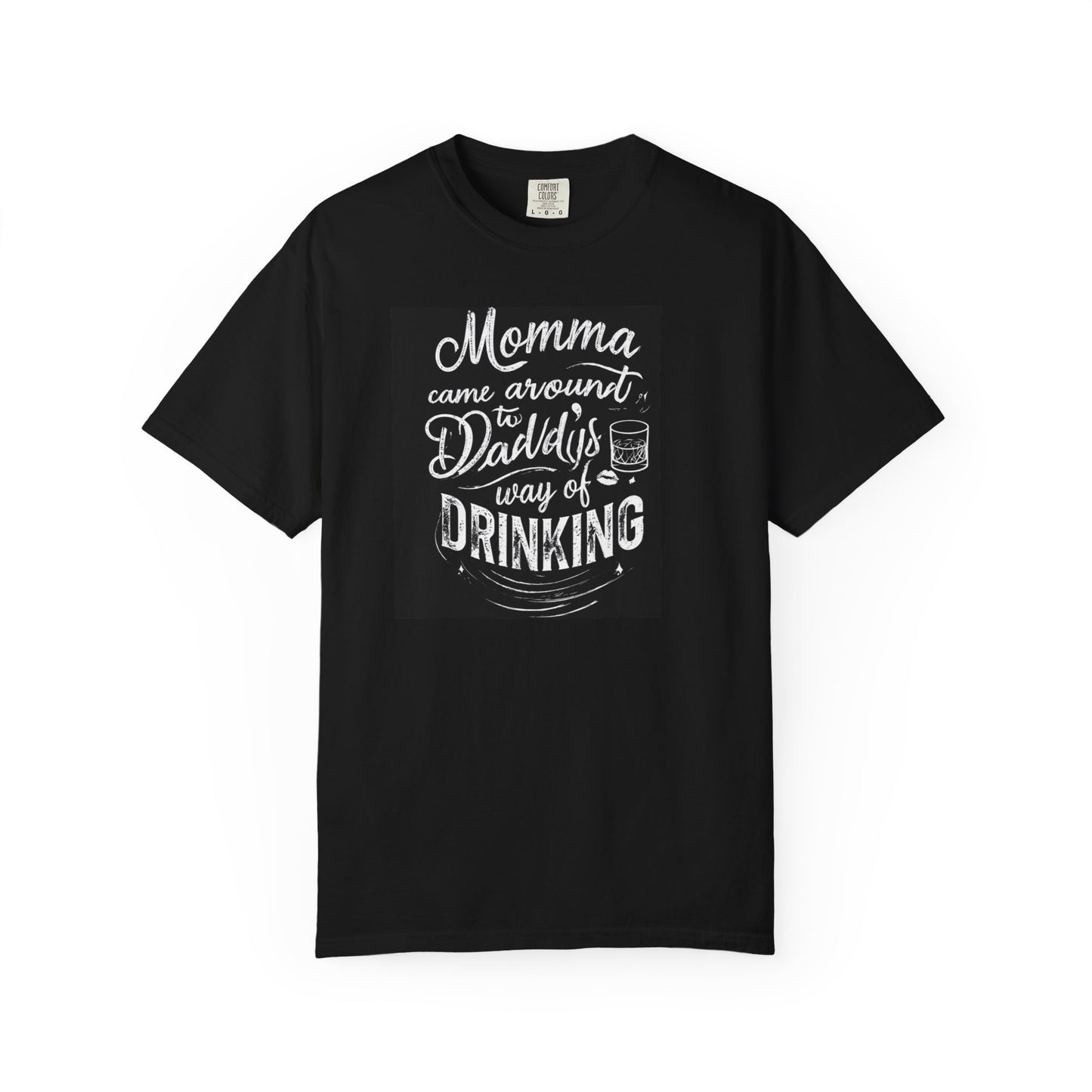 Black unisex drinking T-shirt featuring a playful graphic with the text "Momma came around, David's way of DRINKING."