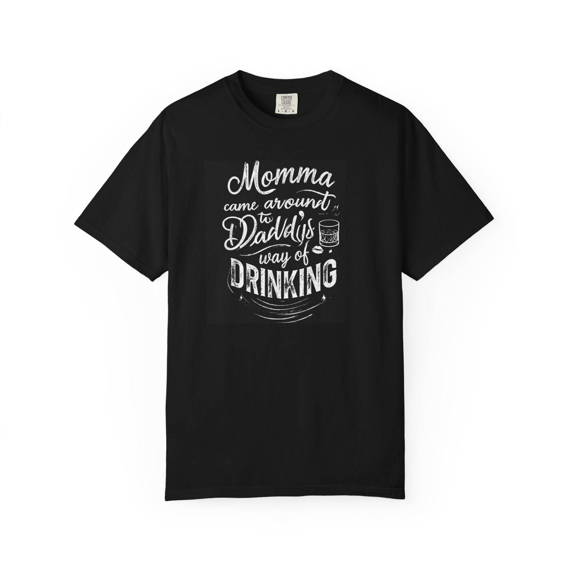 Black unisex drinking T-shirt featuring a playful graphic with the text "Momma came around, David's way of DRINKING."