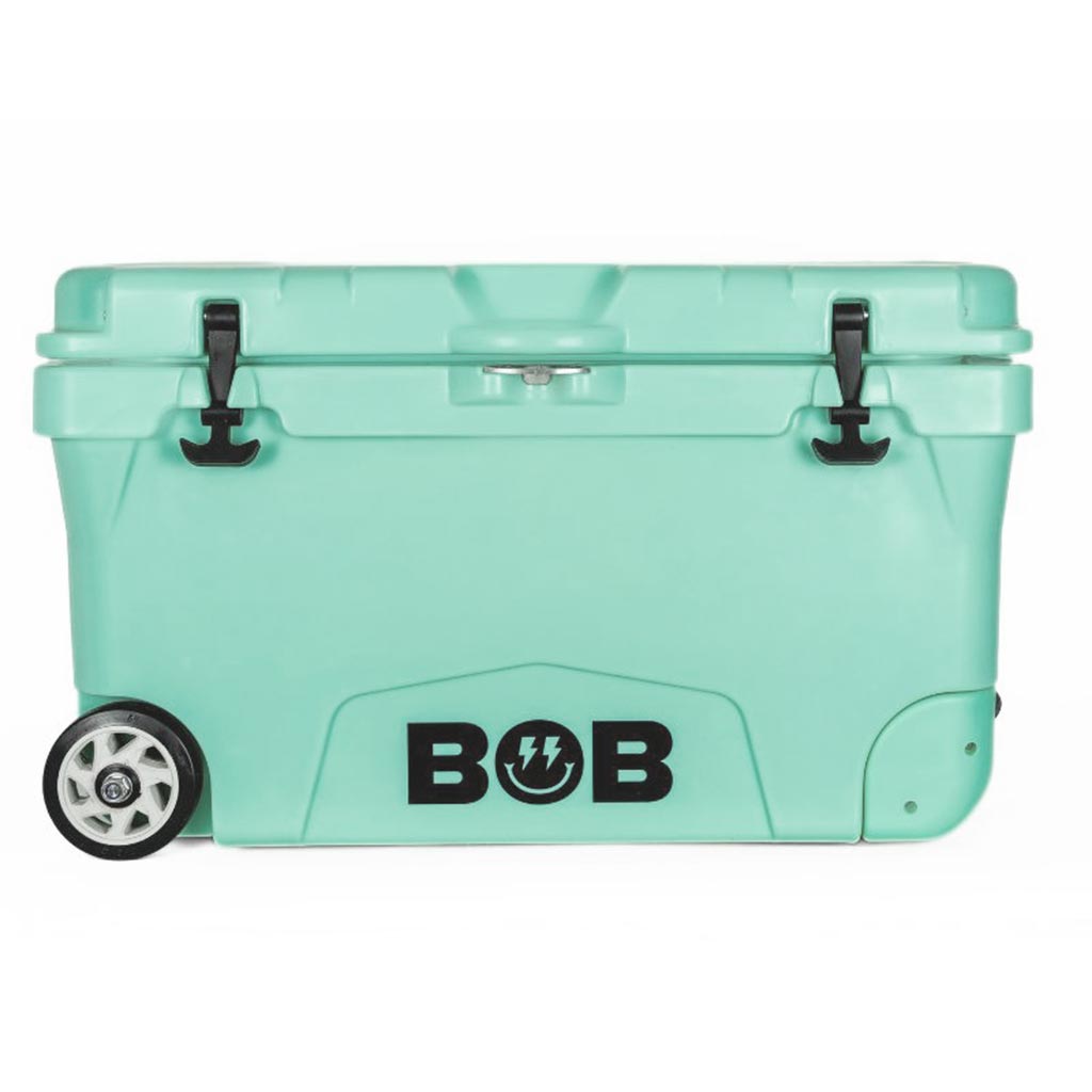 75QT "BFF" Hard Cooler in mint green with black logo, features sturdy latches and a wheel for easy transport.