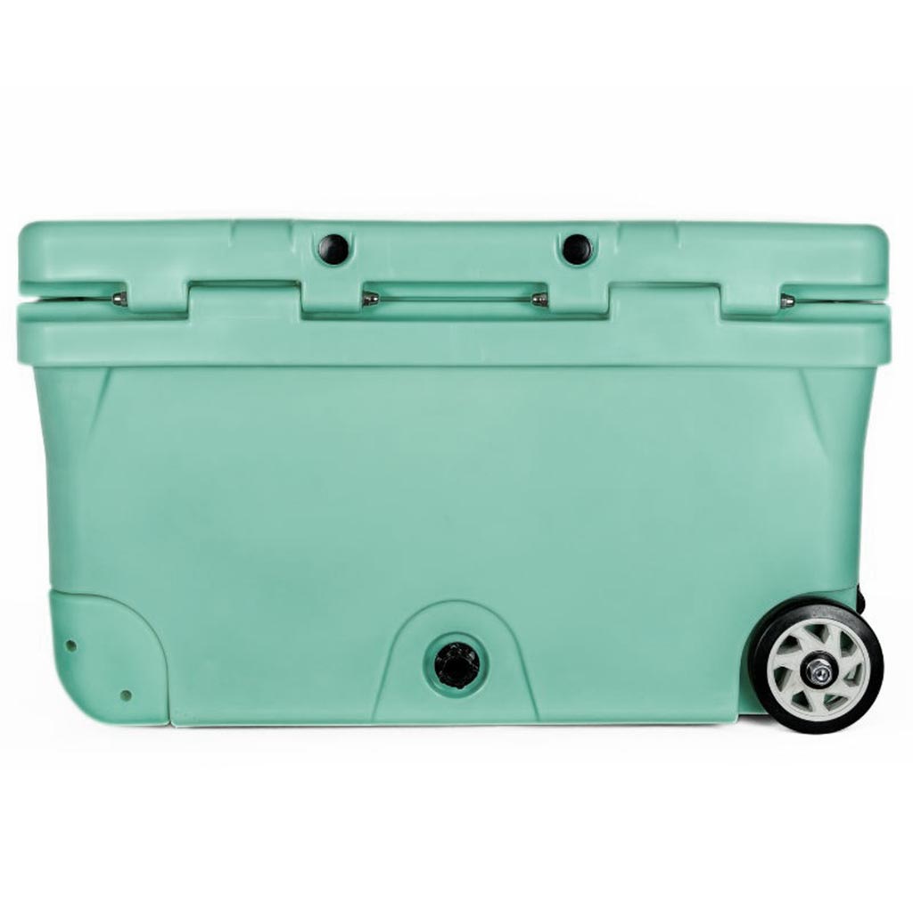 75QT "BFF" Hard Cooler in teal with a wheeled design for easy transport and a sturdy, durable construction.