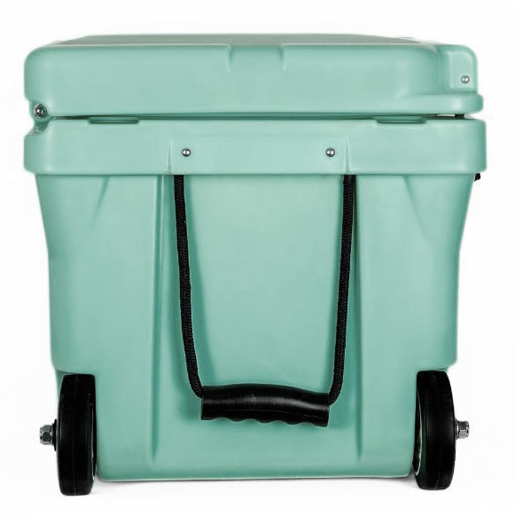 75QT "BFF" Hard Cooler in mint green with a sturdy handle and wheels for easy transport. Ideal for outdoor activities.
