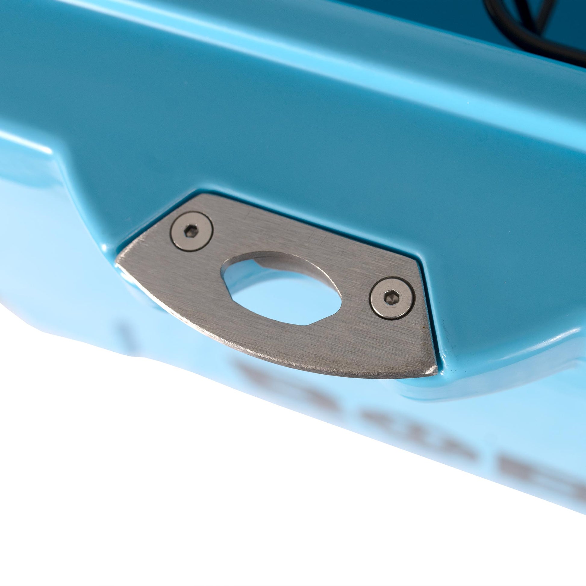 Close-up of the stainless steel handle on the blue 75QT "BFF" Hard Cooler from shoponestop.store.