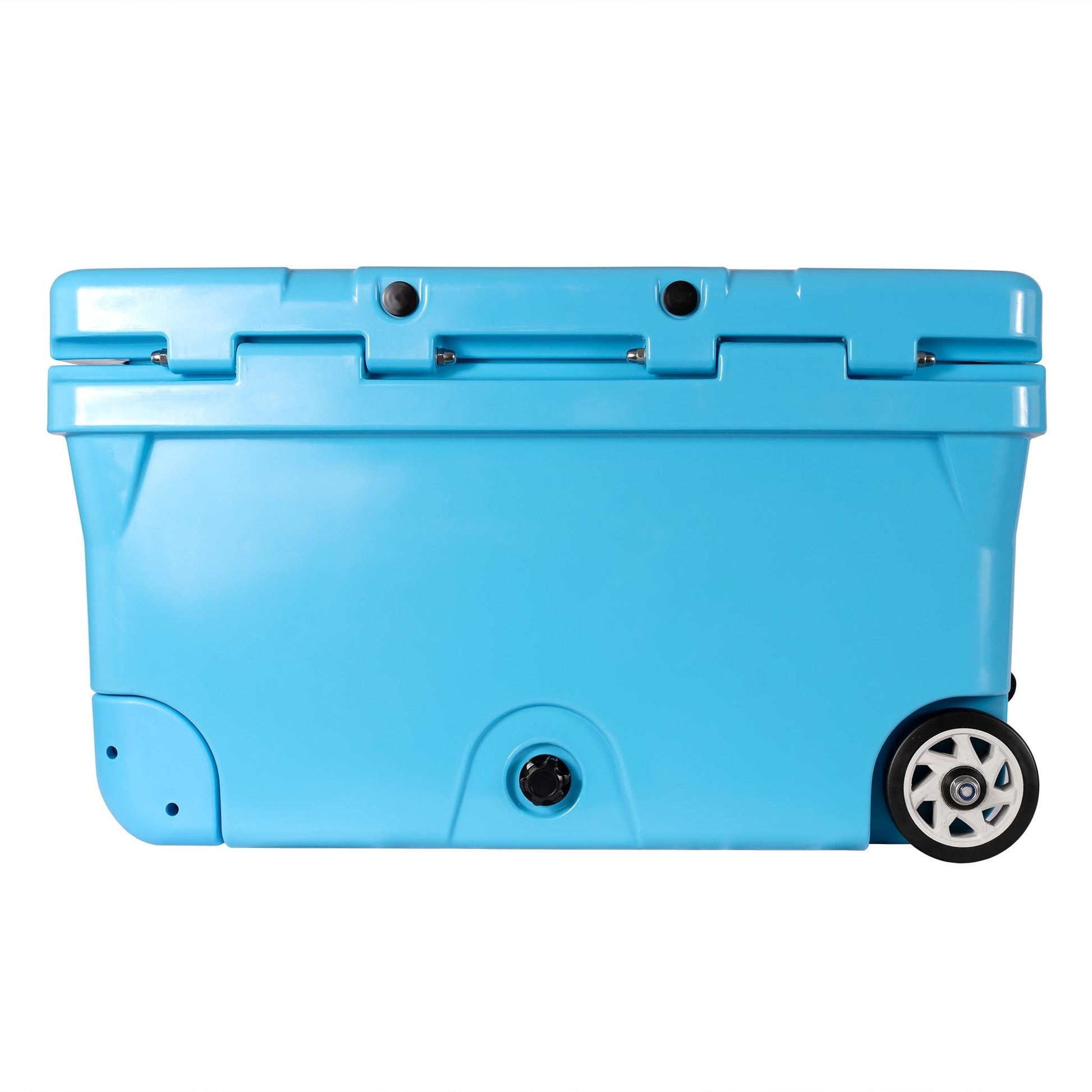 Blue 75QT "BFF" Hard Cooler with wheels, featuring a sturdy design and secure lid for outdoor use.