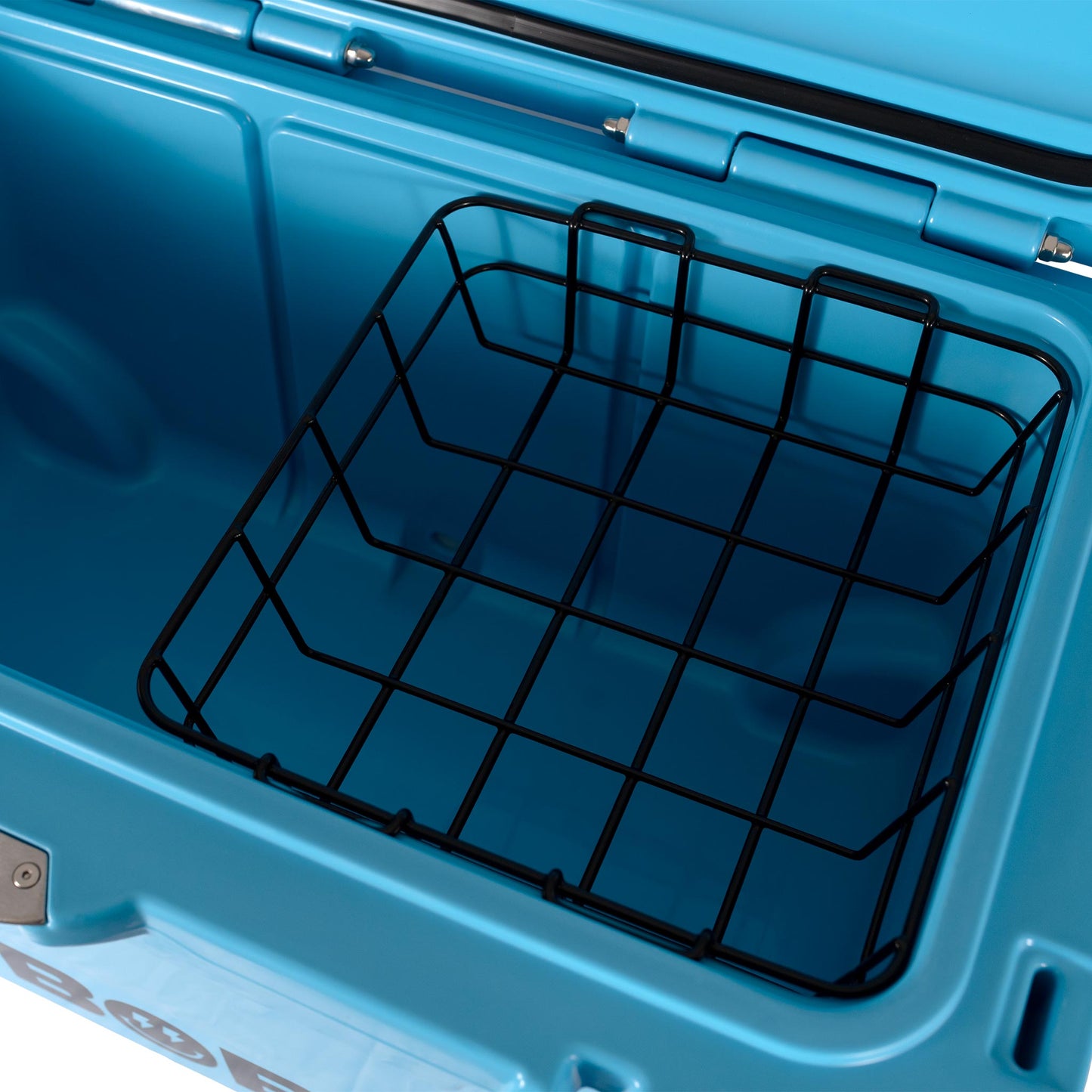 75QT "BFF" Hard Cooler in vibrant blue with a removable black wire basket inside for organized storage.
