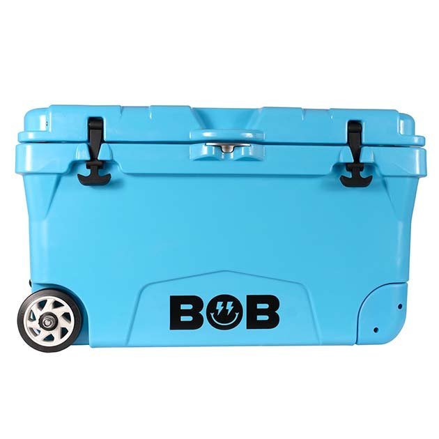 Blue 75QT "BFF" Hard Cooler with wheels, featuring a sturdy design and black logo on the front. Ideal for outdoor activities.