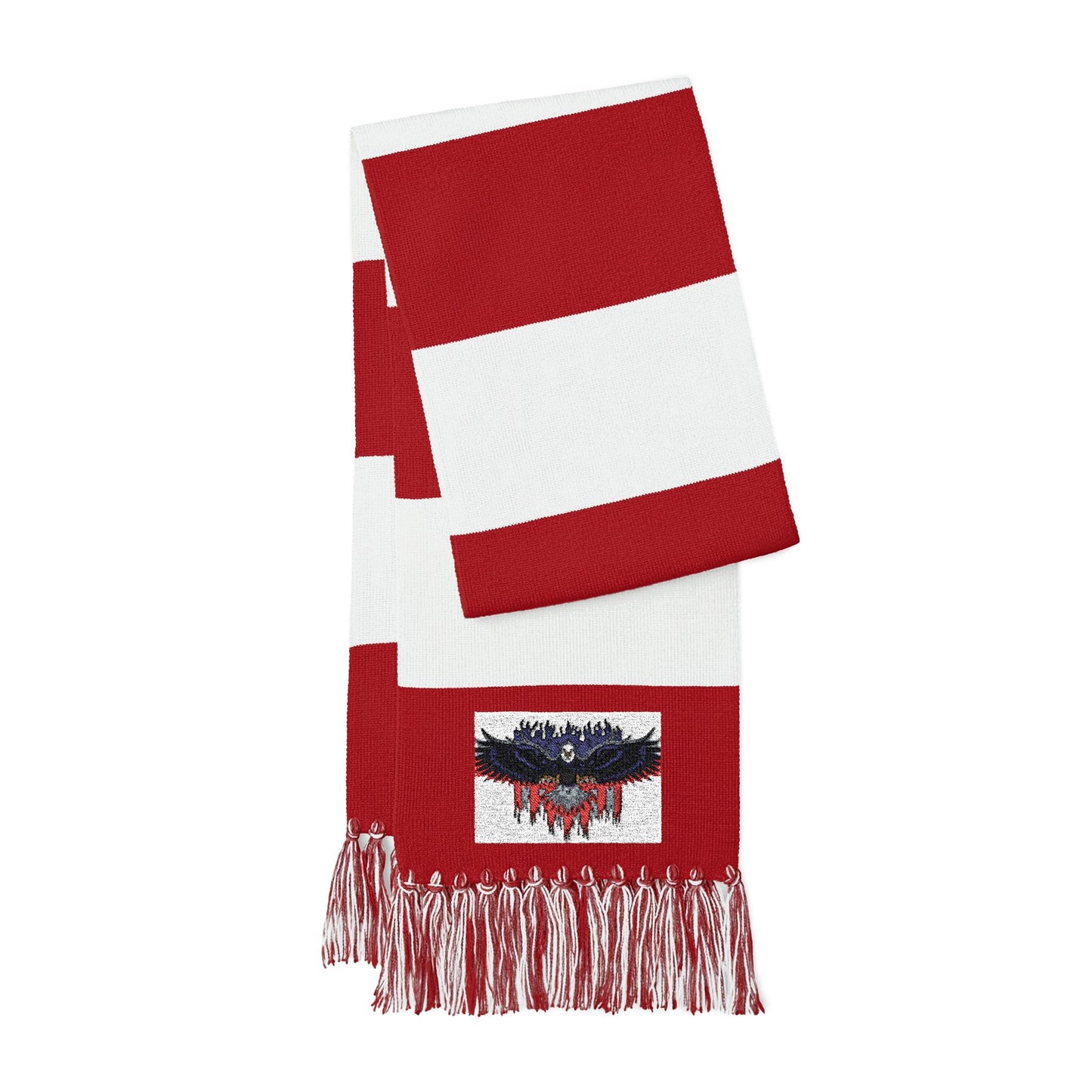 Red and white striped spectator scarf with an embroidered eagle design and fringed ends. Perfect for sporting events.