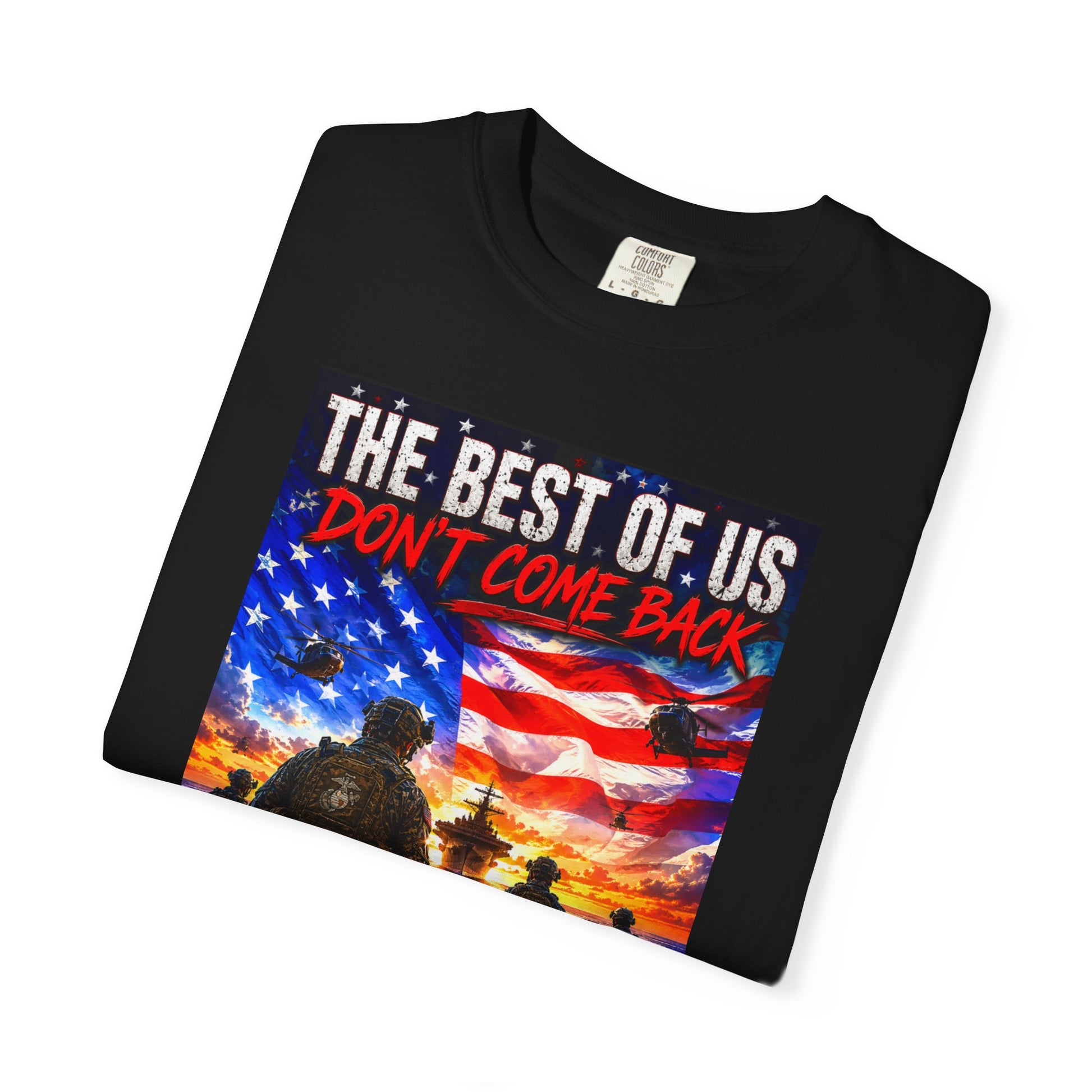 Vintage Garment-Dyed T-Shirt #17 featuring a graphic of an American flag and military imagery with the text "THE BEST OF US D