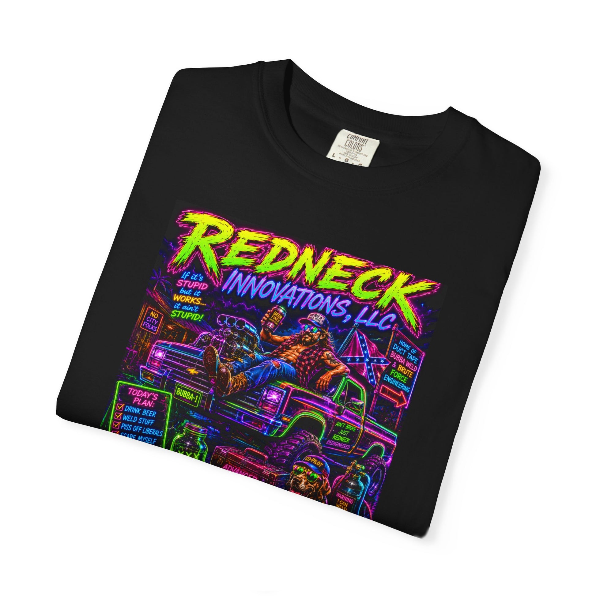 Vintage Garment-Dyed T-Shirt #12 in black featuring colorful "Redneck Innovations, LLC" graphic with a truck design.