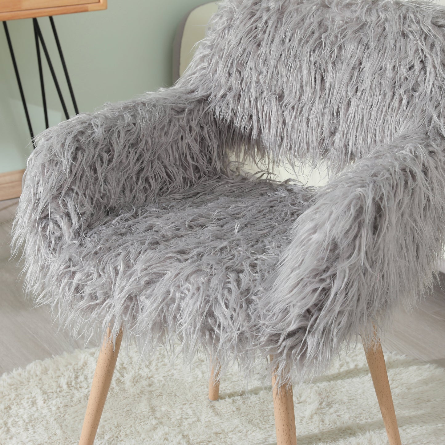GREY Faux Fur Upholstered Make up chair Side Dining Chair with Metal Legs