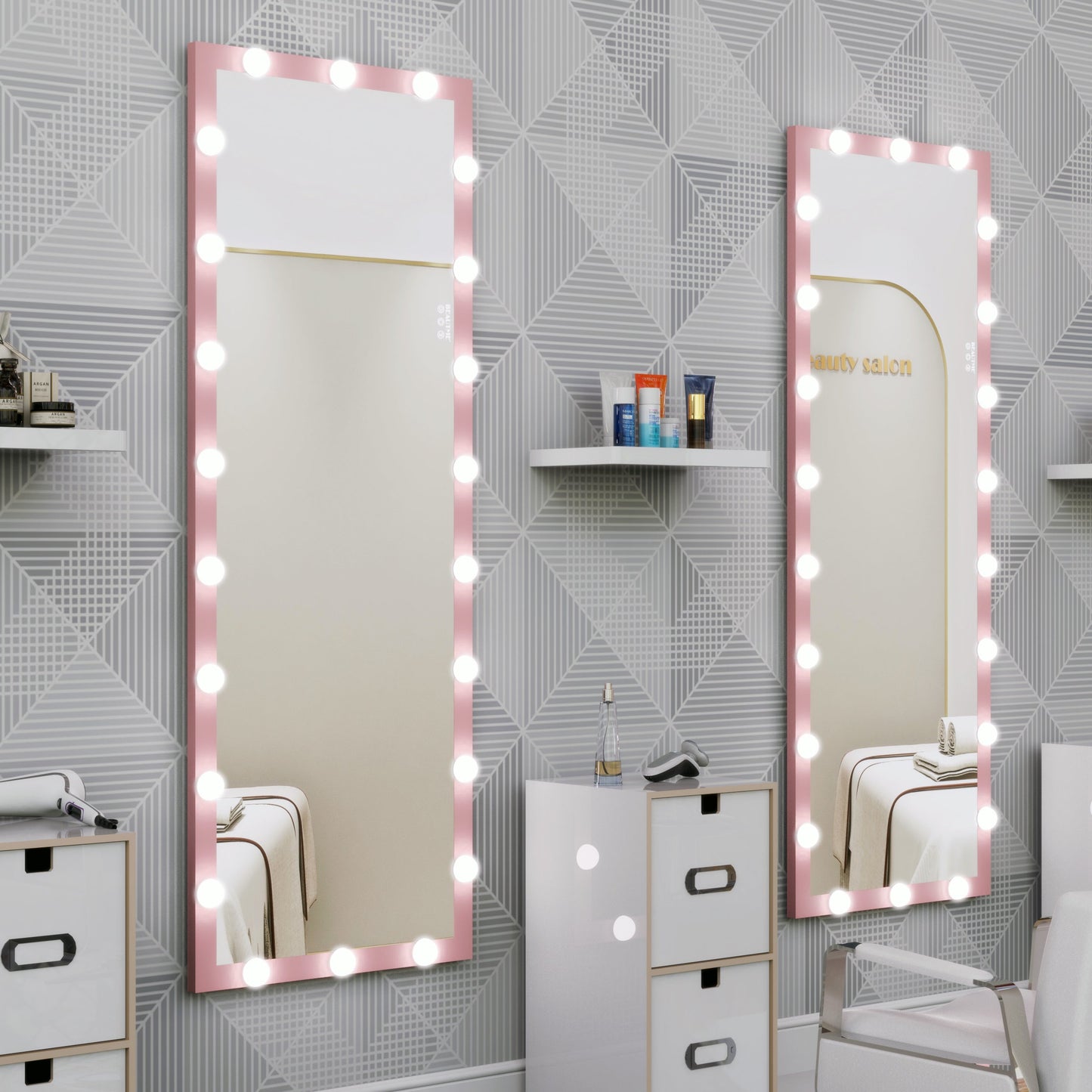 62.6-inch x 23.3-inch pink Hollywood illuminated full body vanity mirror with 3 colors