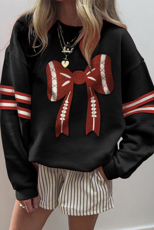 Black Varsity Baseball Bow Graphic Striped Sleeve Baggy Sweatshirt