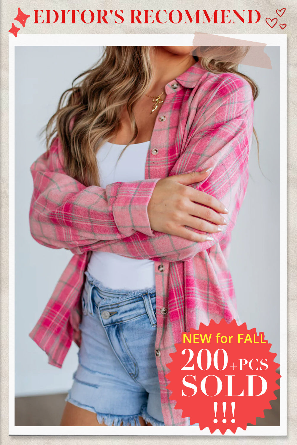 Sachet Pink Plaid Rounded Hem Long Sleeve Shirt Casual