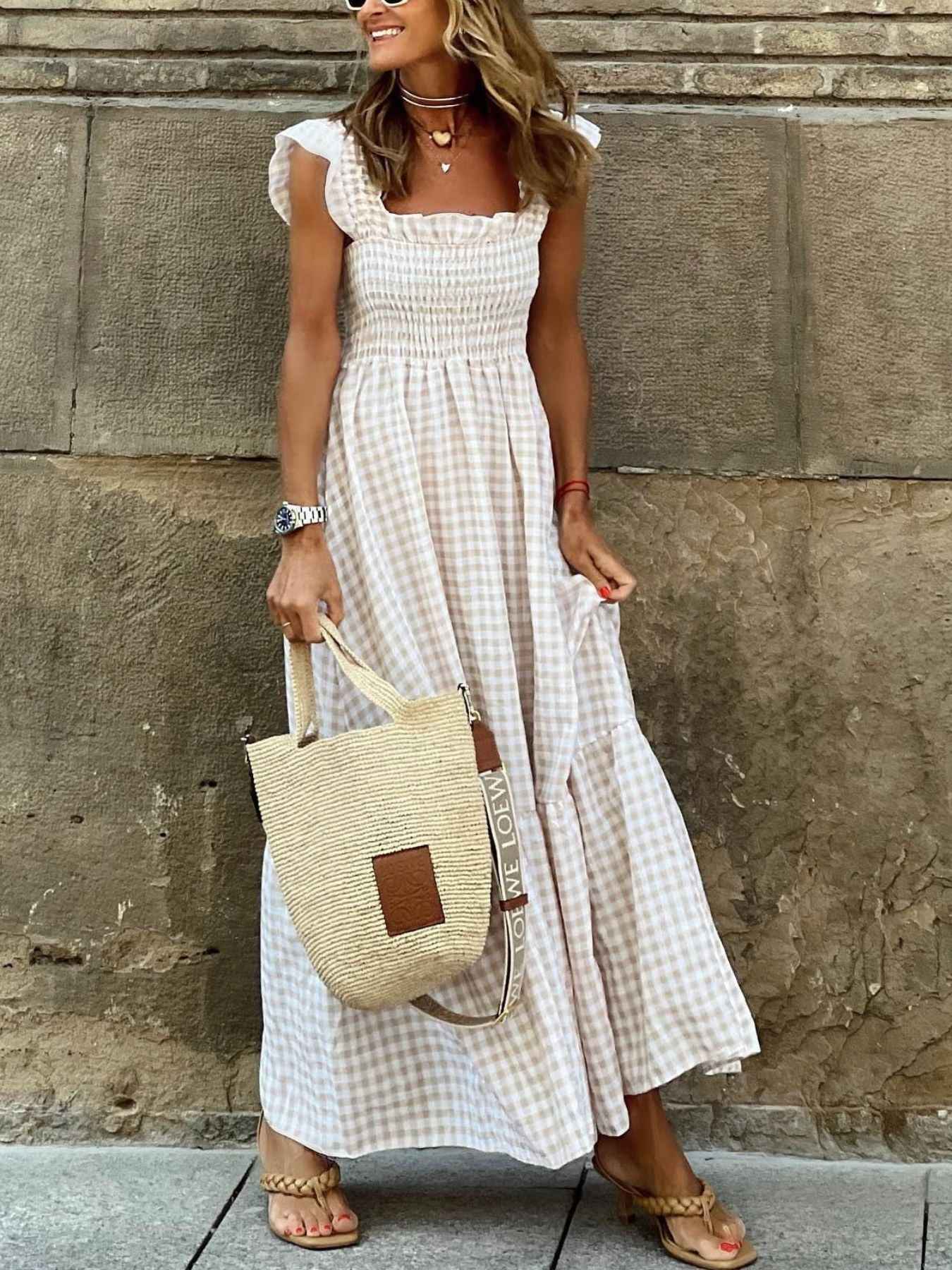 Plaid Ruffle Sleeve Maxi Dress