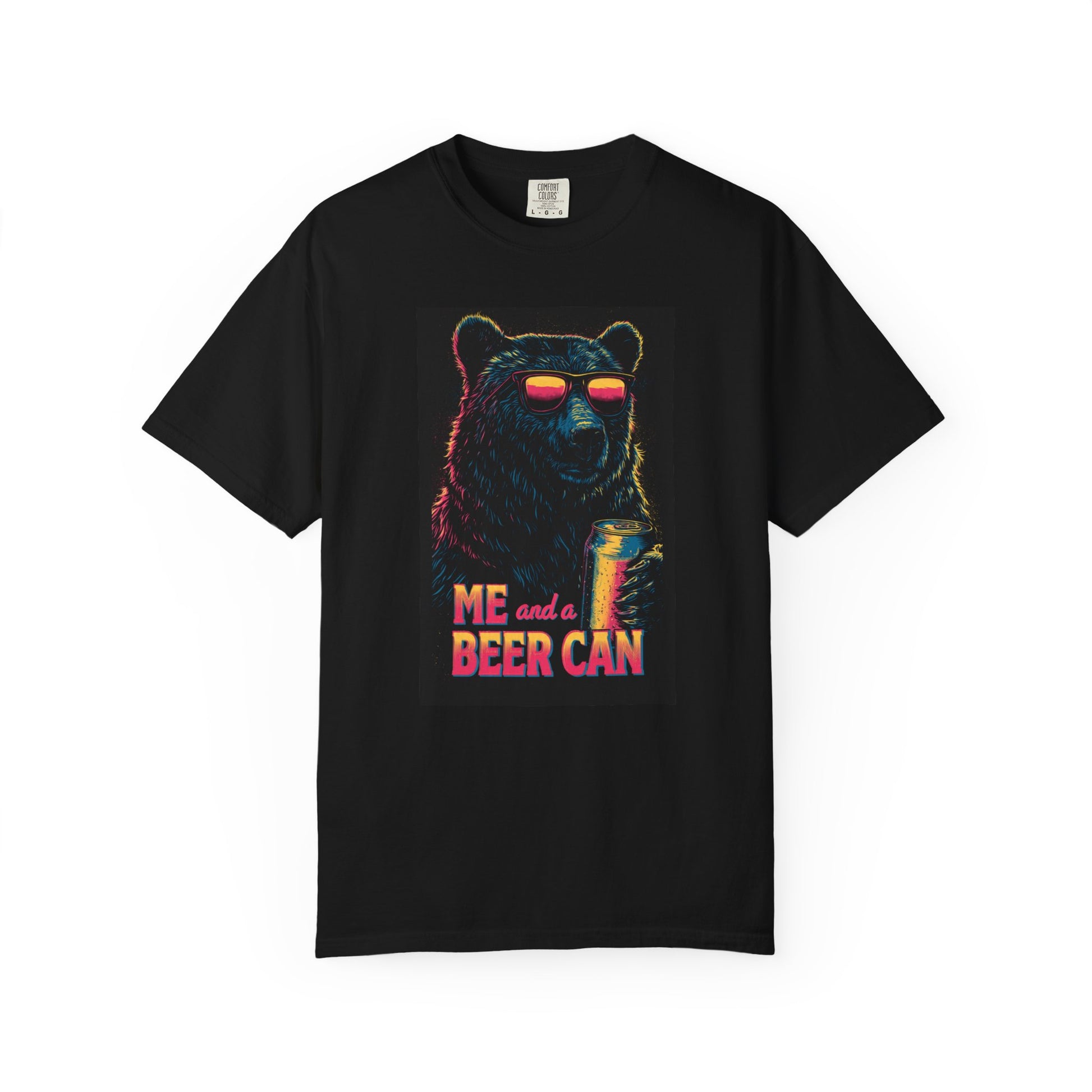 Unisex Beer Can T-shirt featuring a colorful bear graphic with sunglasses and the text "ME and a BEER CAN" on a black backgro