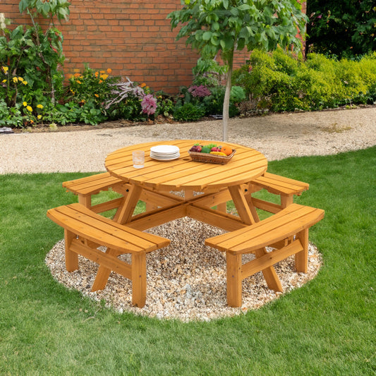 6-Person Circular Outdoor Wooden Picnic Table for Patio