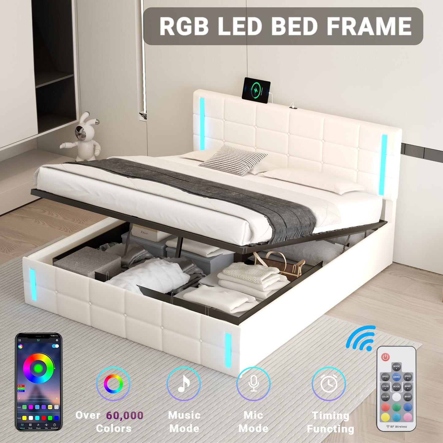 Queen Size Upholstered Bed with LED Lights, Hydraulic Storage System