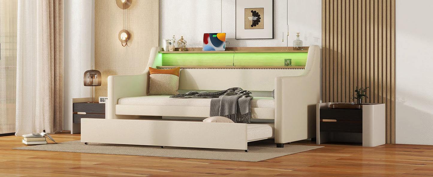 Twin Size Daybed with Trundle, Upholstered Daybed with Charging Station