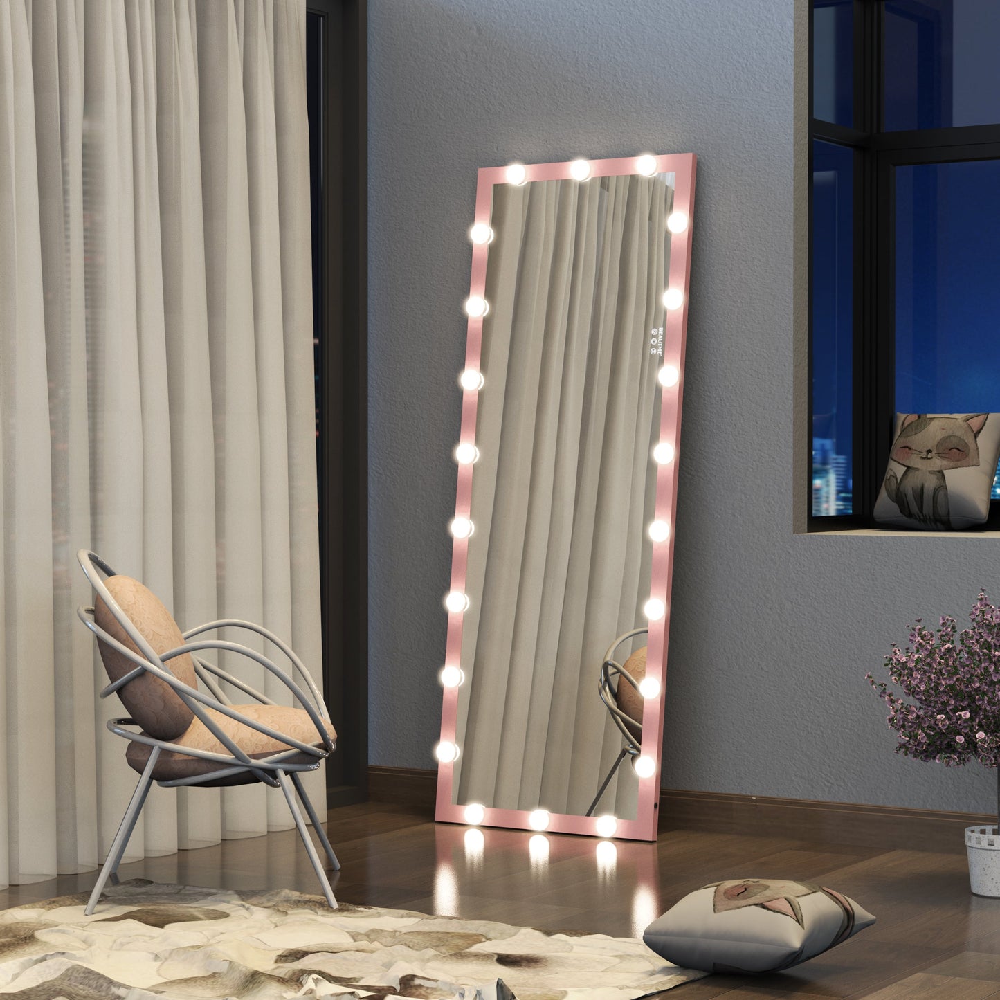 62.6-inch x 23.3-inch pink Hollywood illuminated full body vanity mirror with 3 colors