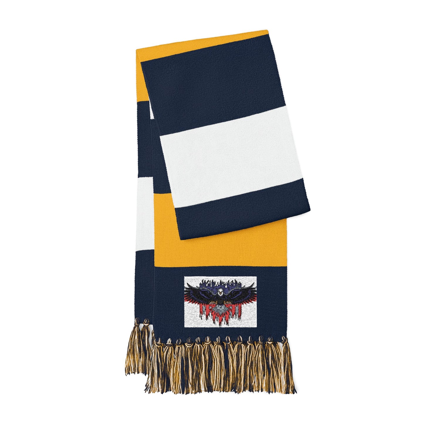 Spectator Scarf featuring navy, white, and gold stripes with an embroidered eagle design and tassels.