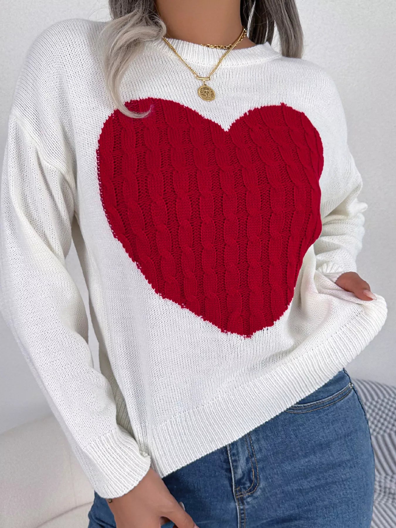 Cable Knit Heart Round Neck Sweater