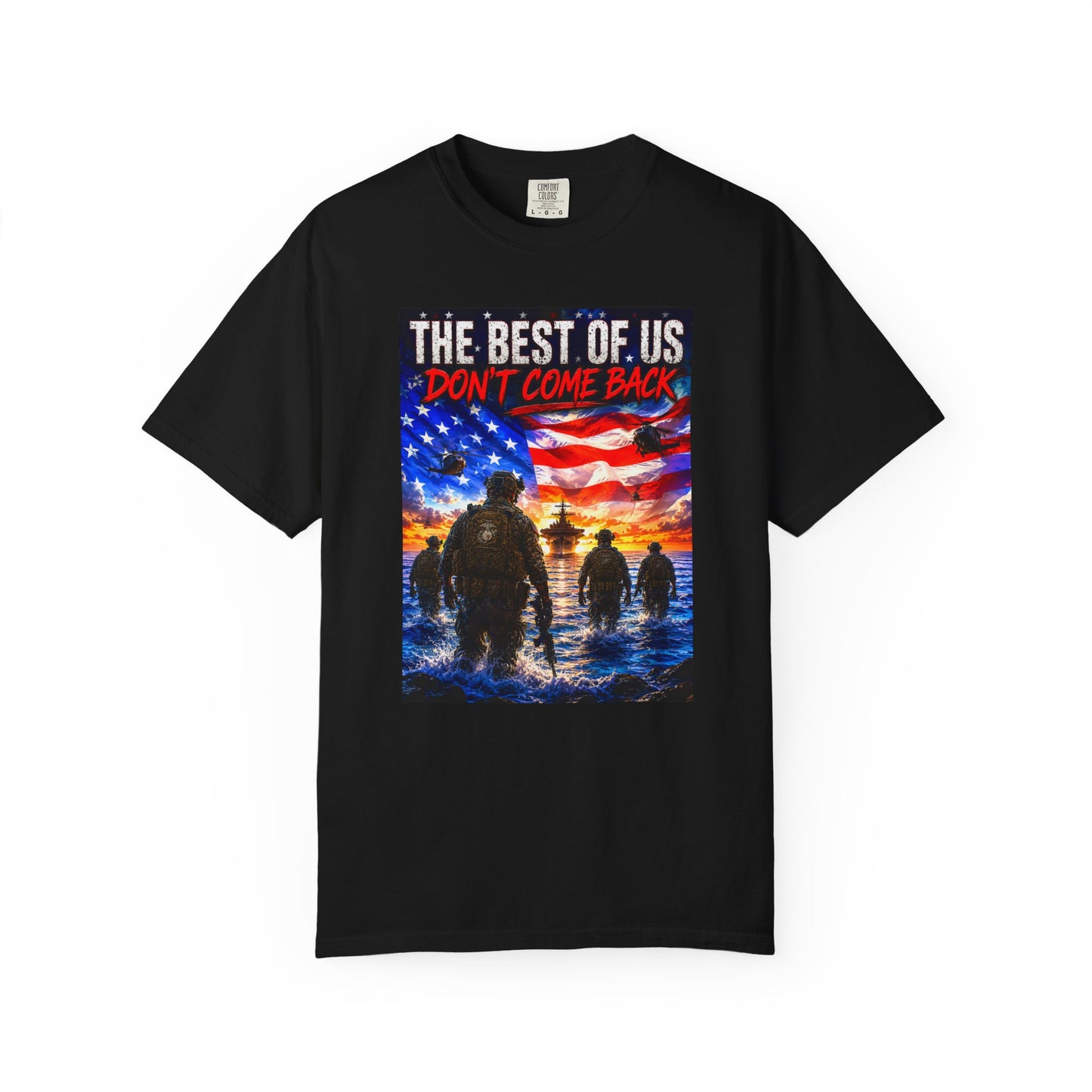 Vintage Garment-Dyed T-Shirt #17 in black featuring a graphic of soldiers against an American flag backdrop.