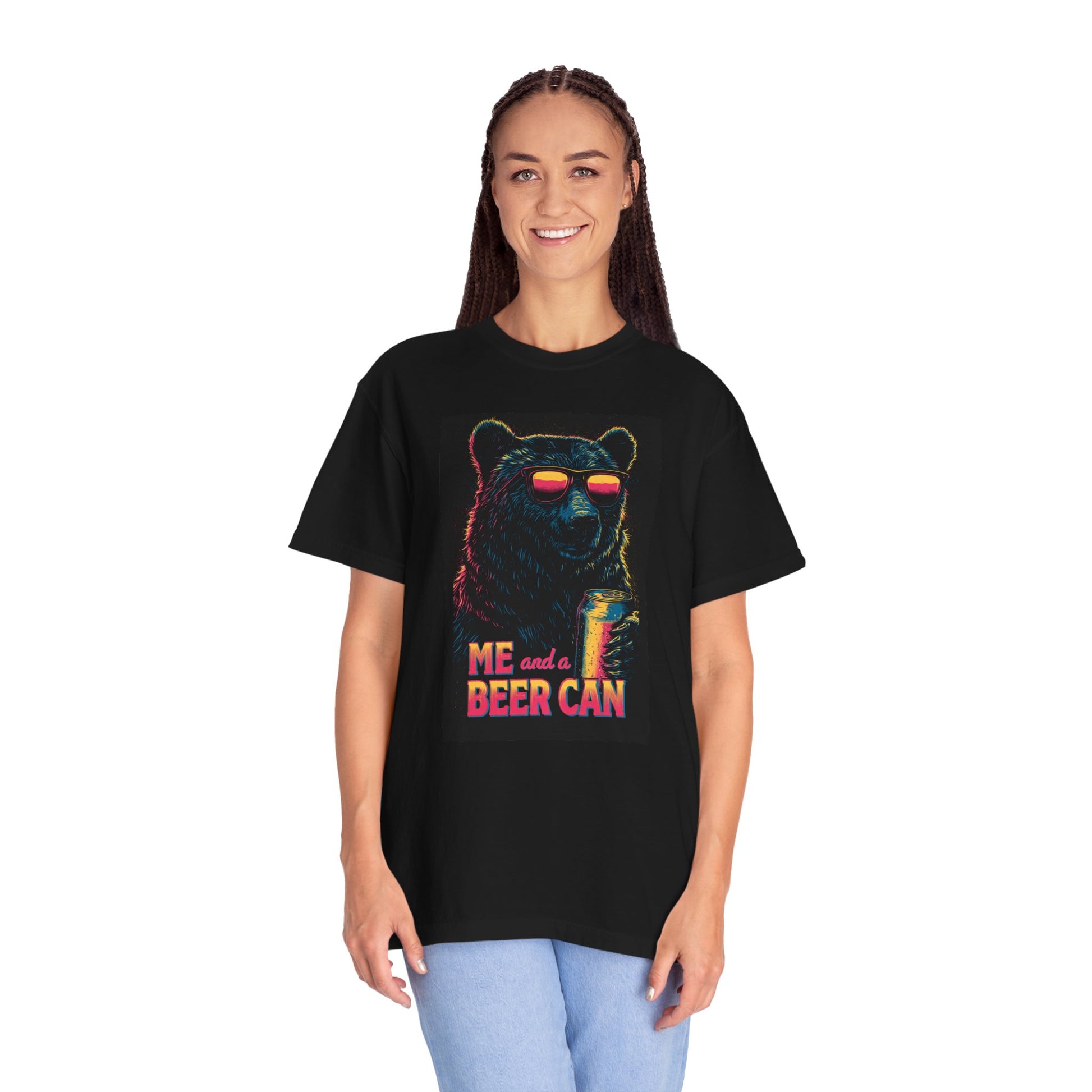 Unisex Beer Can T-shirt featuring a bear in sunglasses with the text "ME and a BEER CAN" on a black background.