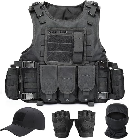 Tactical Vest for Men, Airsoft Vest, Black Molle Vest and Cap Protective Equipment