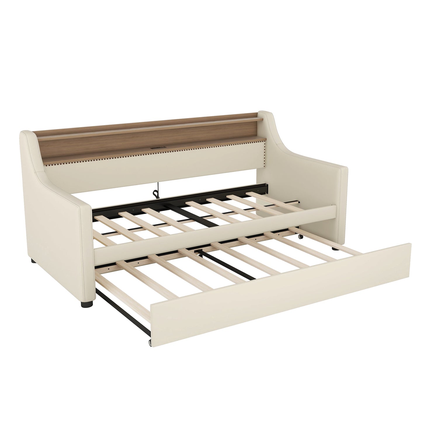 Twin Size Daybed with Trundle, Upholstered Daybed with Charging Station
