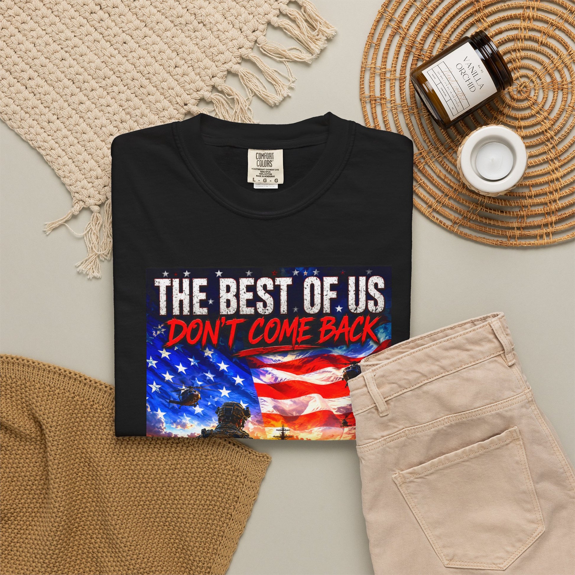 Vintage Garment-Dyed T-Shirt #17 in black featuring a graphic with American flags and the text "THE BEST OF US DON'T COME BAC